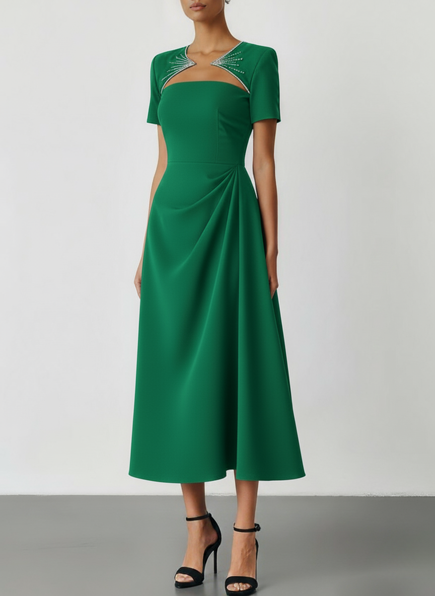 Black Ruched Hot Drilling Classic Crew Neck Short Sleeve A-Line Midi Dress