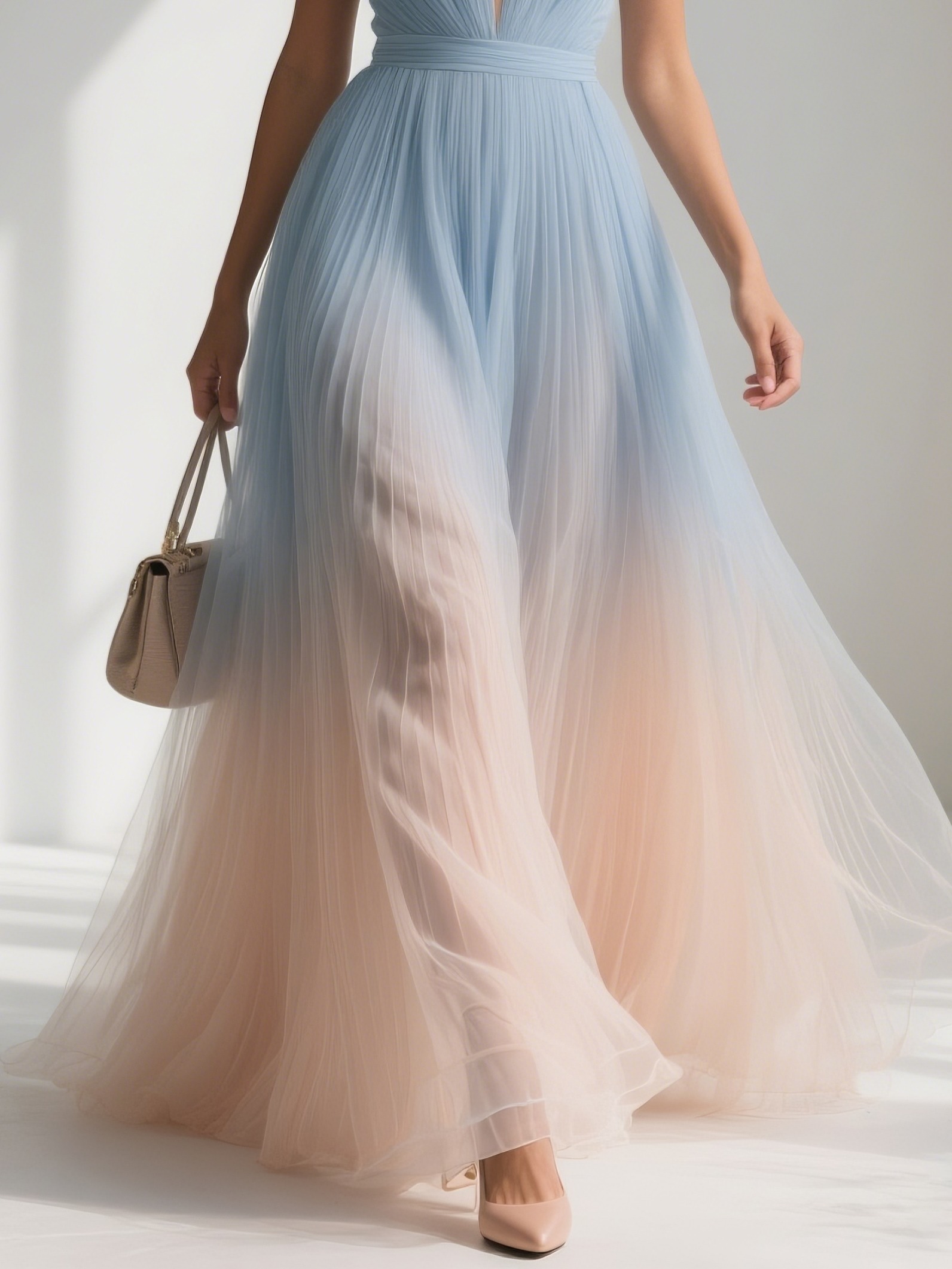 Light Blue Pleated Chiffon Halter Sleeveless A-Line Maxi Dress