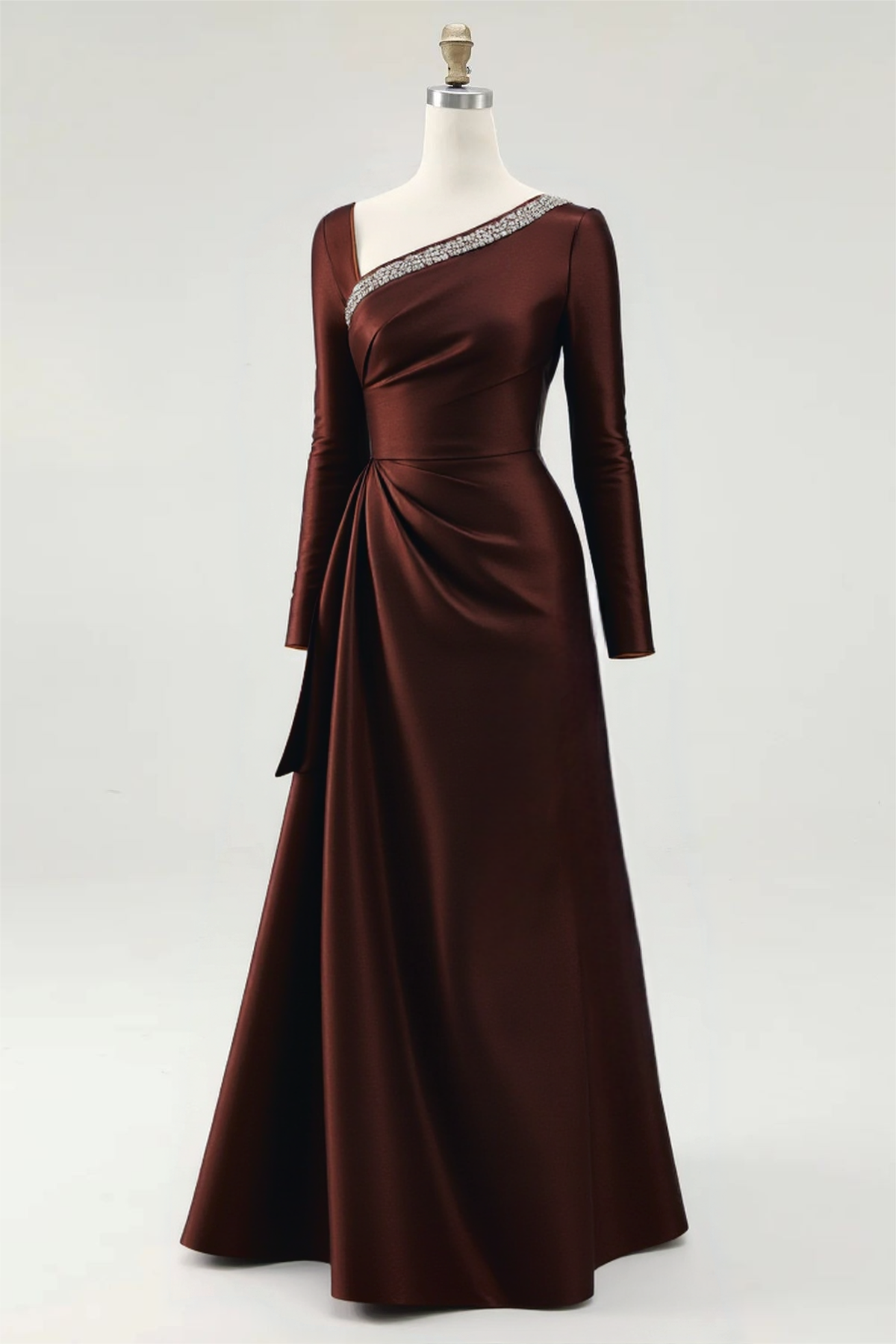Evening Formal Burgundy Dress Asymmetrical Neck Long Sleeve Maxi Gown