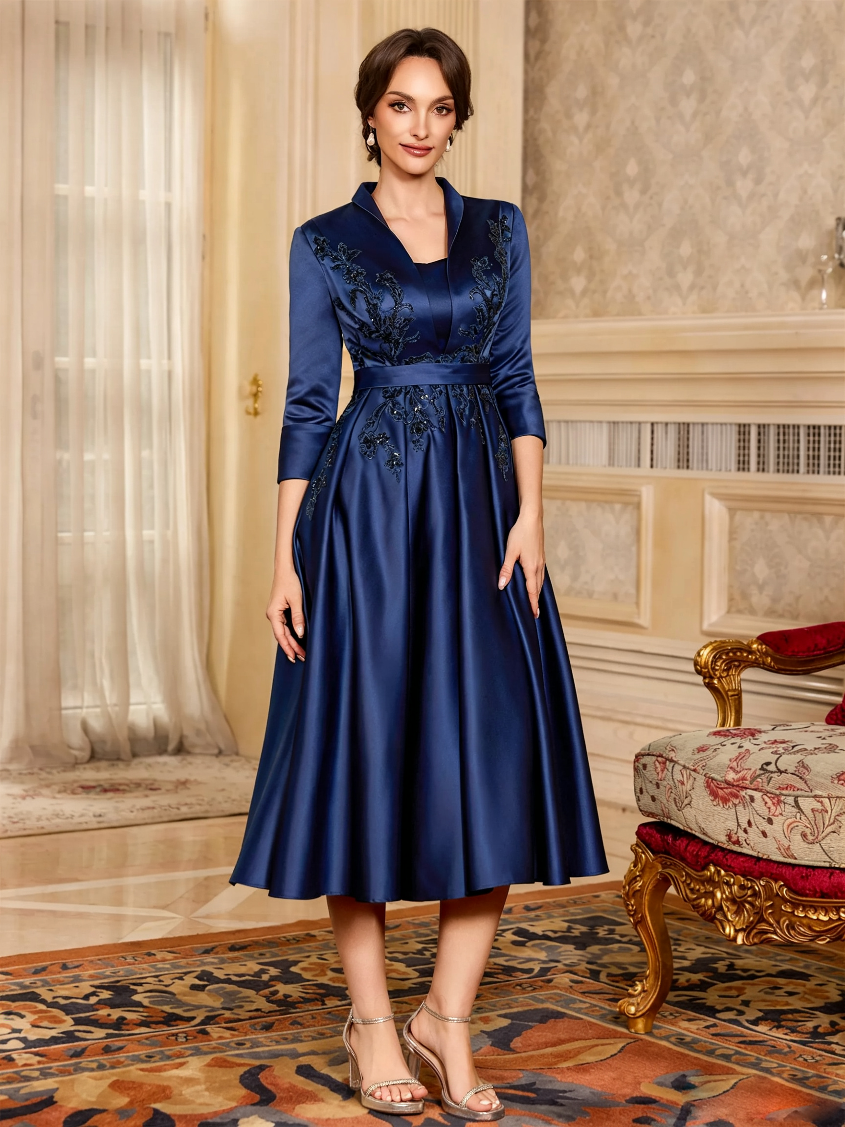 Elegant A-Line V-Neck Appliques Lace Tea-Length Satin Corset Mother of the Bride Dress