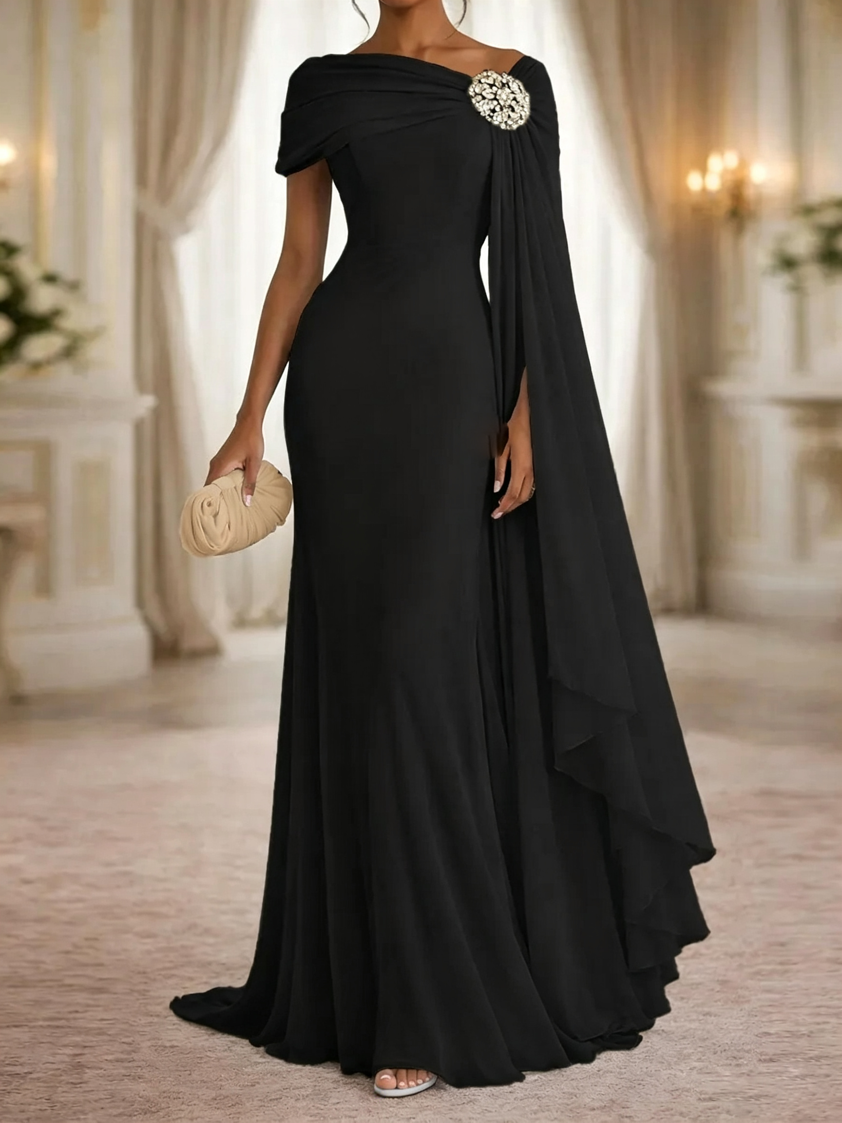 Stunning Sheath One-Shoulder Rhinestone Sweep Train Chiffon Corset Mother of the Bride Dress