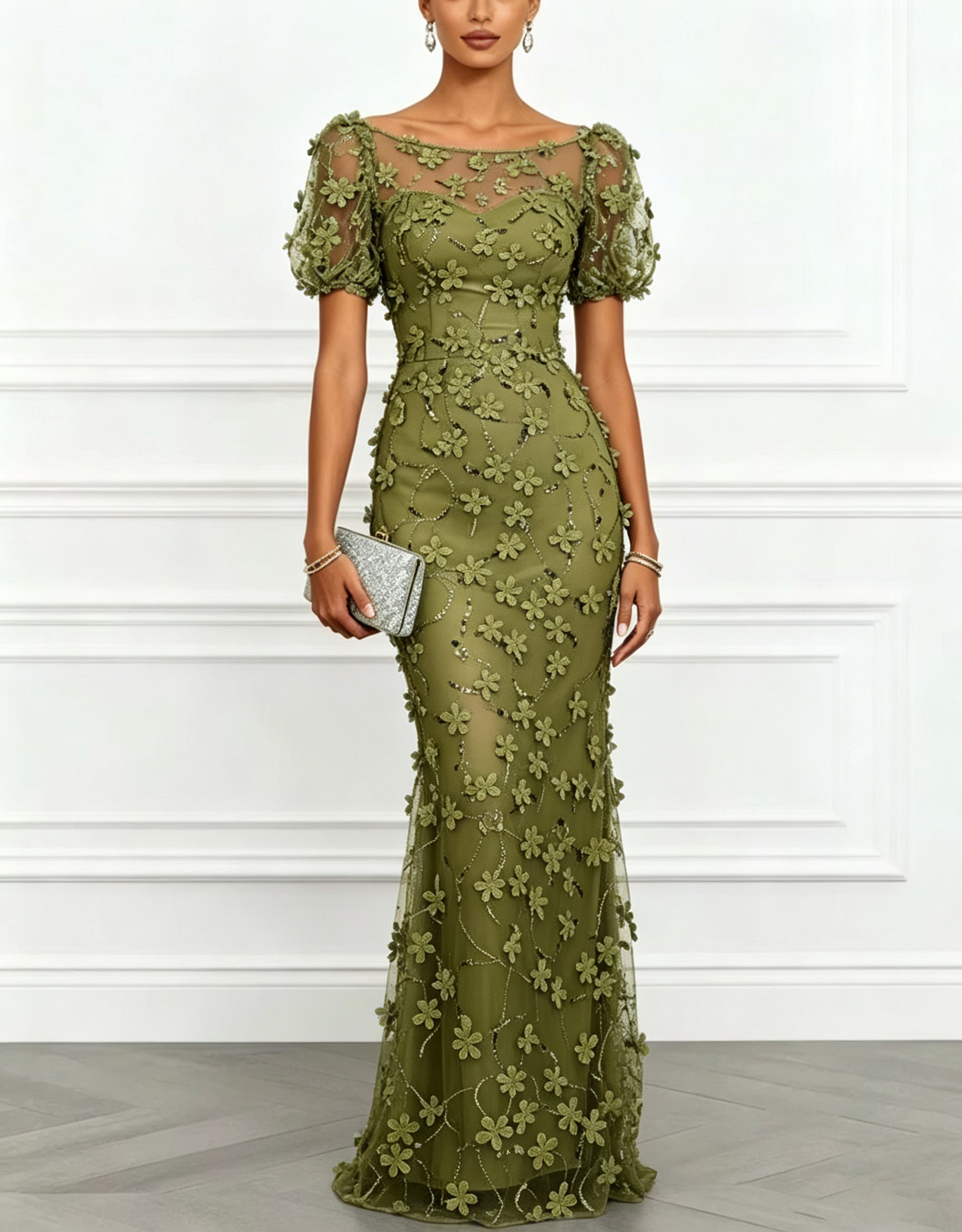 Light Blue 3D Floral Mesh Mermaid Maxi Dress