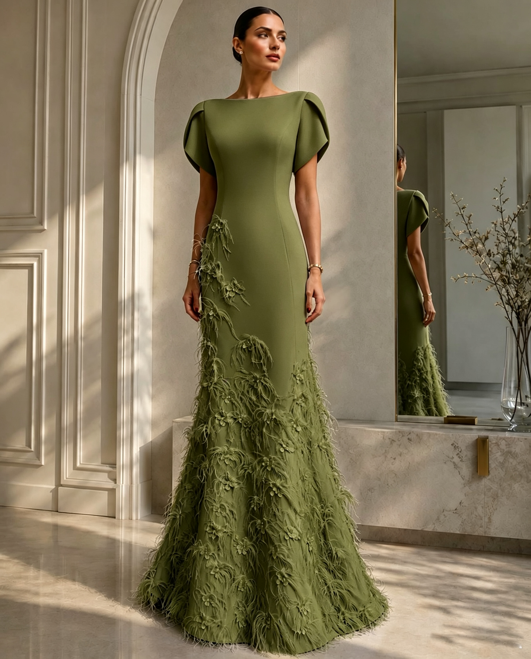 Elegant Lavender Boat-Neck Gown With Floral Feather Appliqué