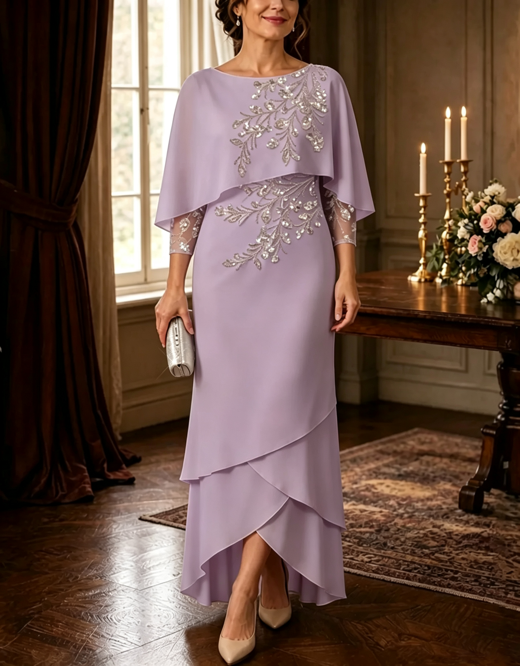 Embellished Capelet Layered Chiffon Evening Gown