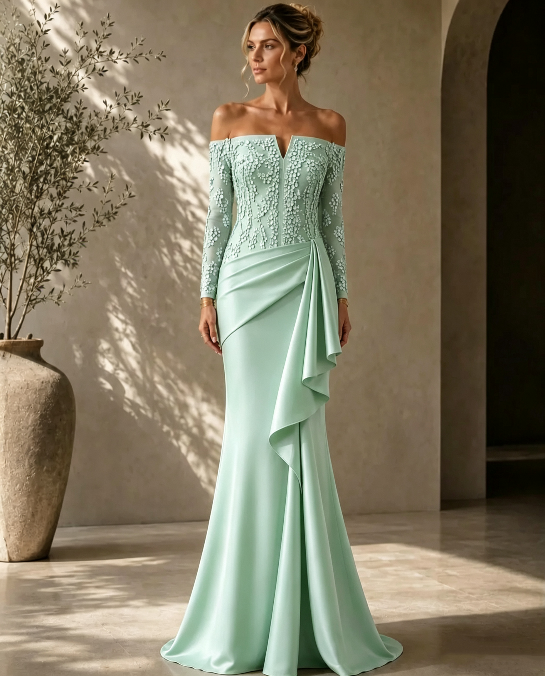 Elegant Off-Shoulder Lace-Bodice Gown