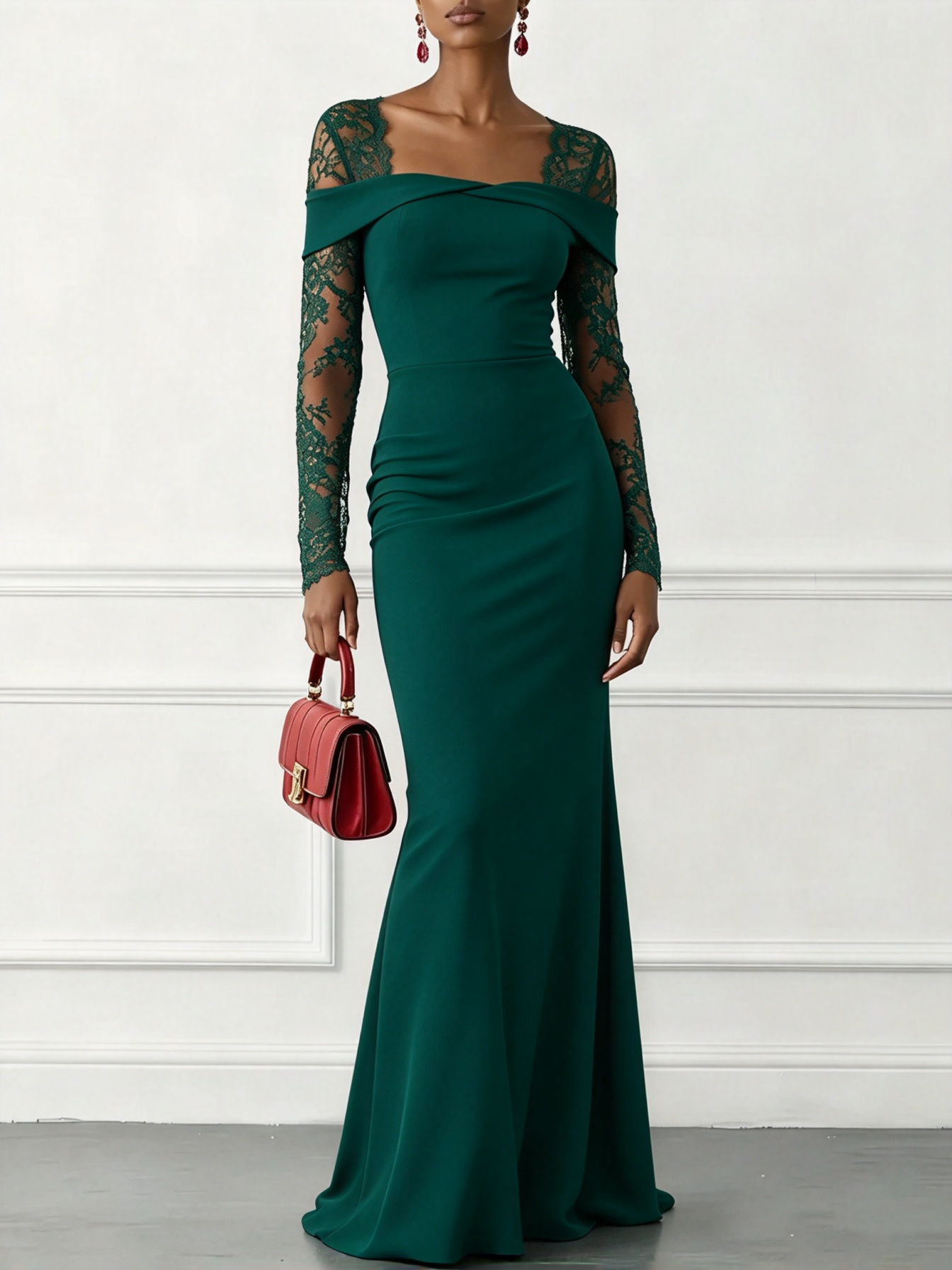 Red Lace Knit Square Neck Long Sleeve Bodycon Maxi Dress