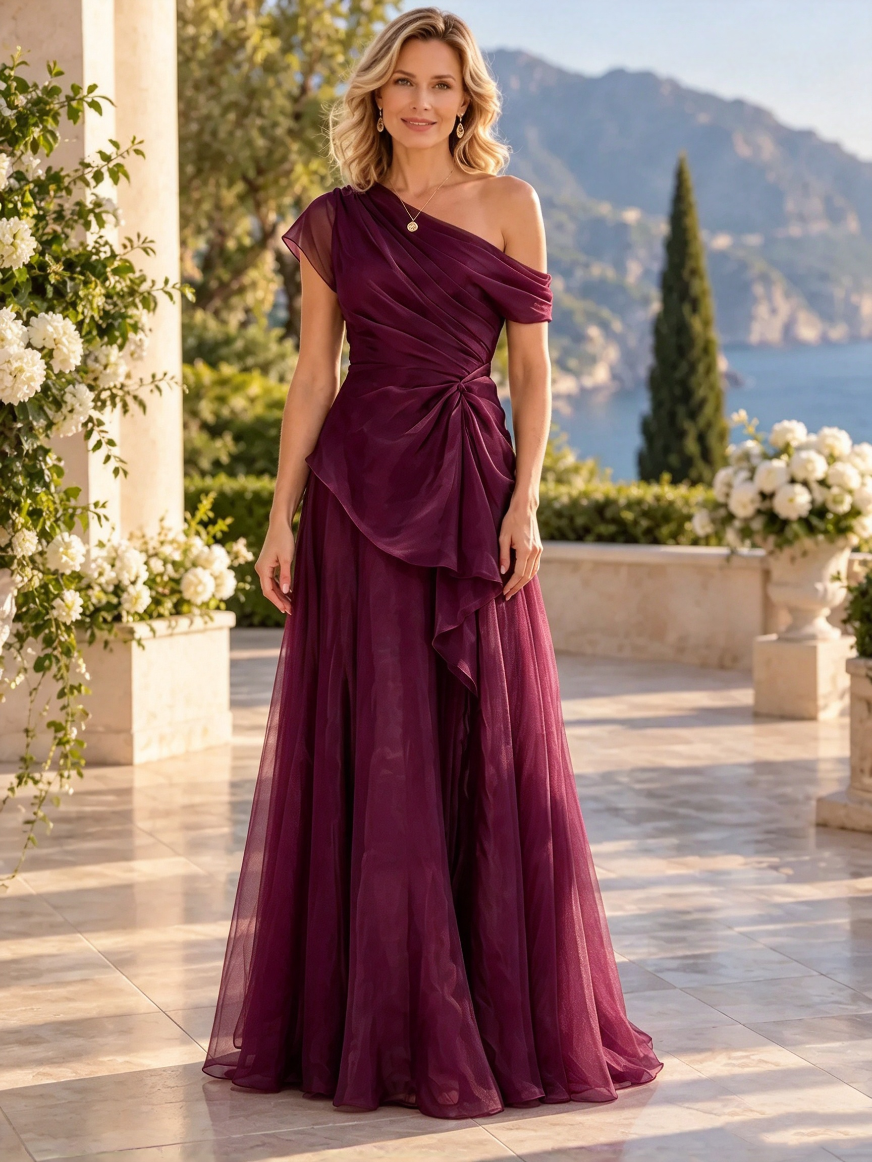 One-Shoulder Pleated Pebbled Organza Evening Gown