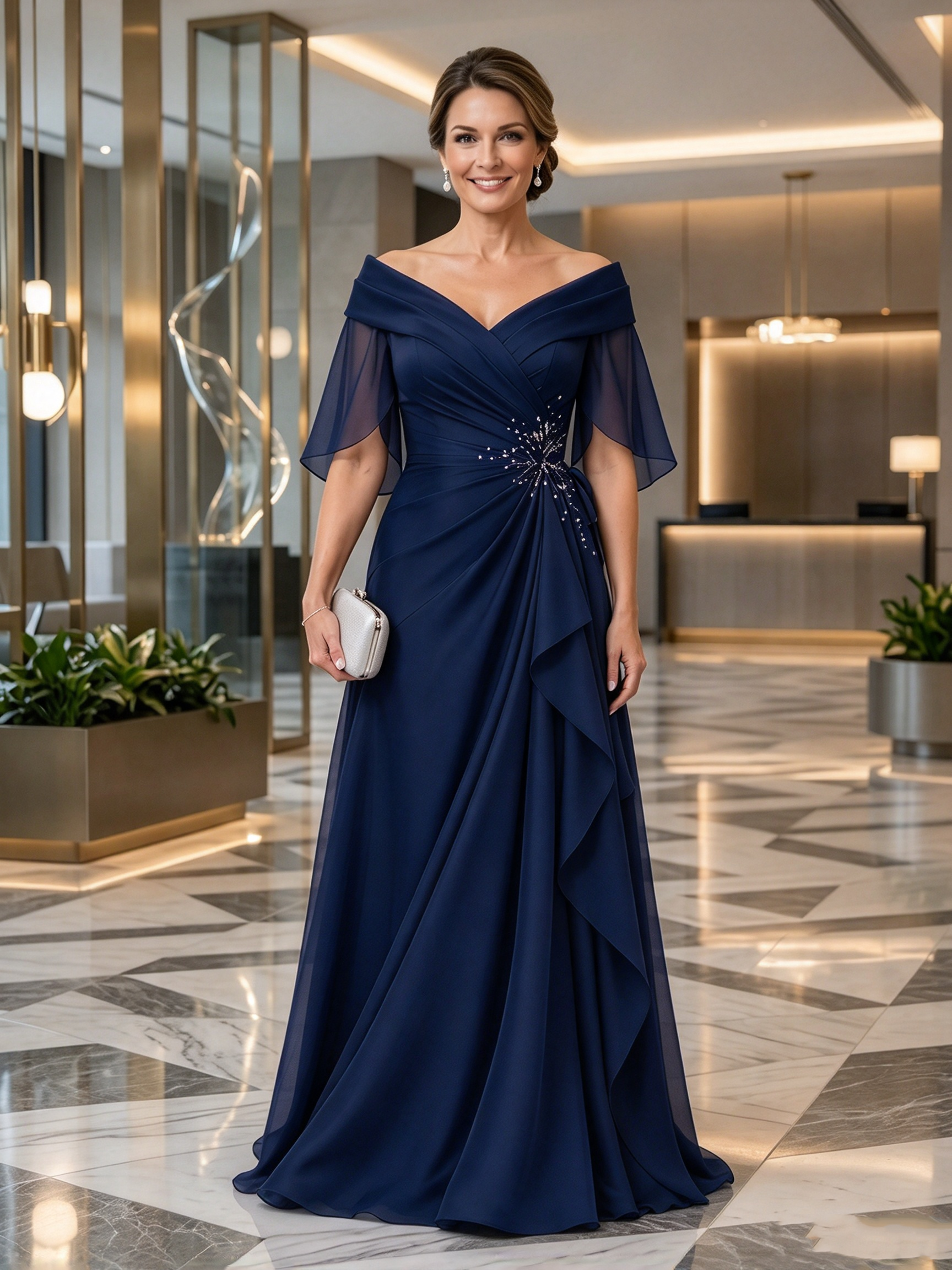 Off-The-Shoulder Beaded Chiffon Evening Gown