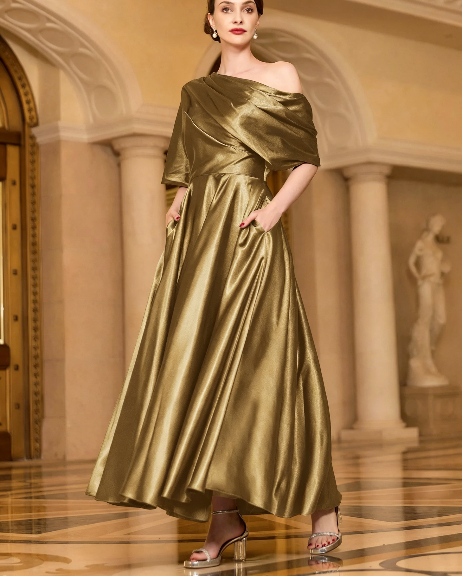 Radiant A-line Short Sleeves Pleated Ankle-Length Silk like Satin Mother of the Bride Dress