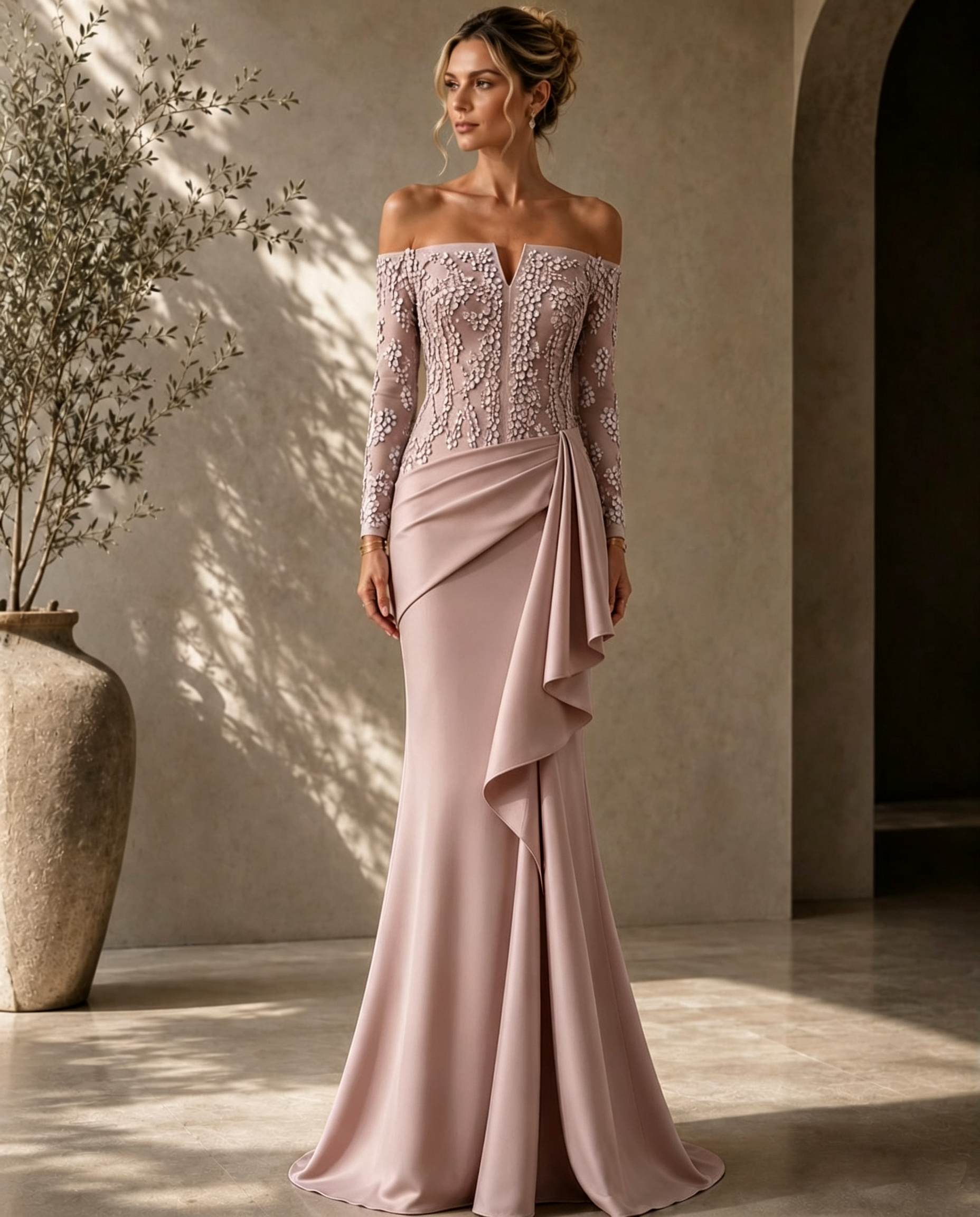Elegant Off-Shoulder Lace-Bodice Gown