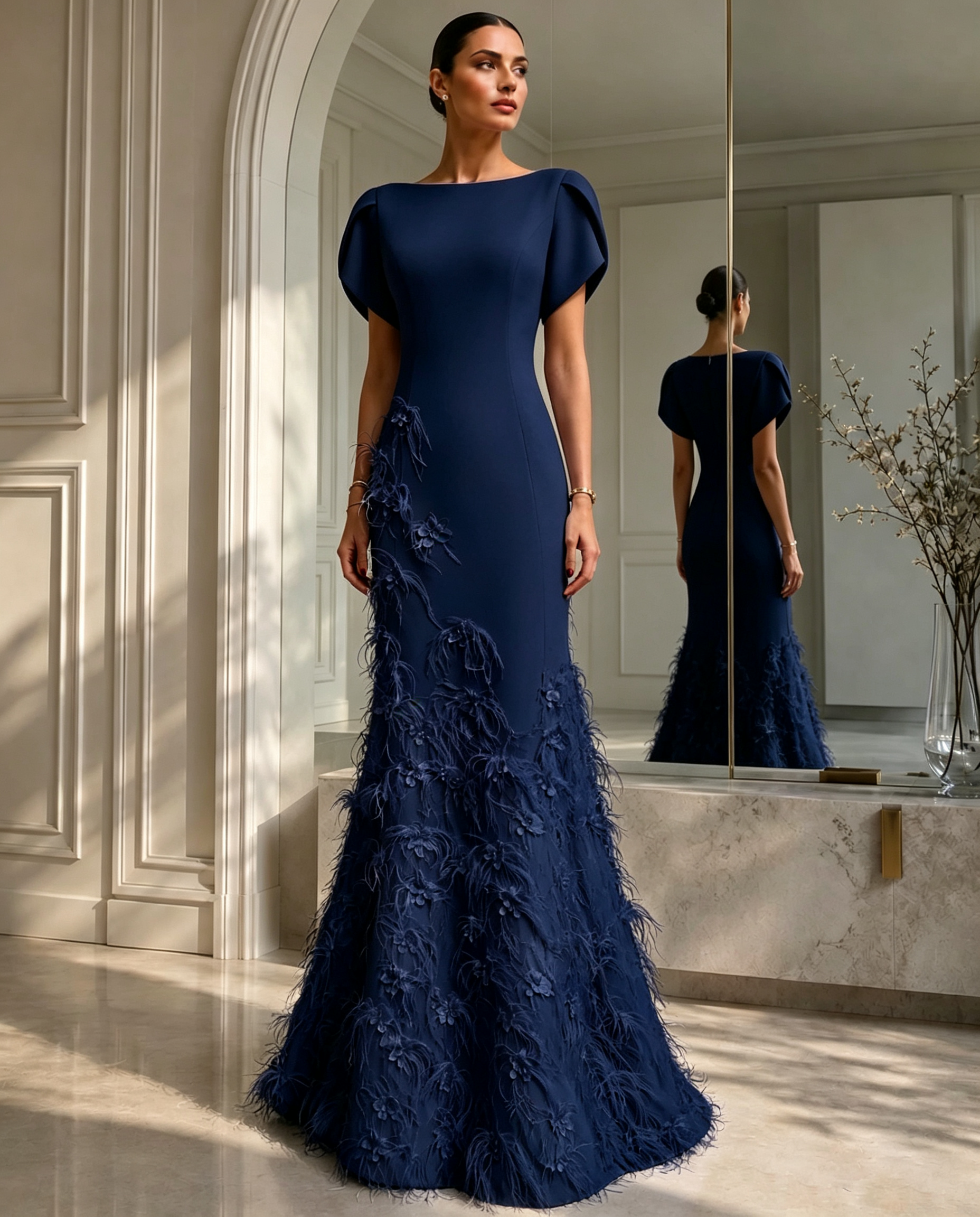 Elegant Lavender Boat-Neck Gown With Floral Feather Appliqué