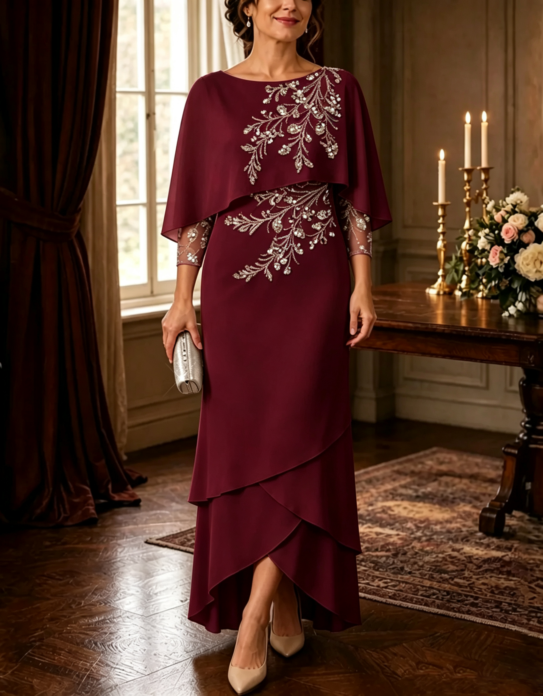 Embellished Capelet Layered Chiffon Evening Gown