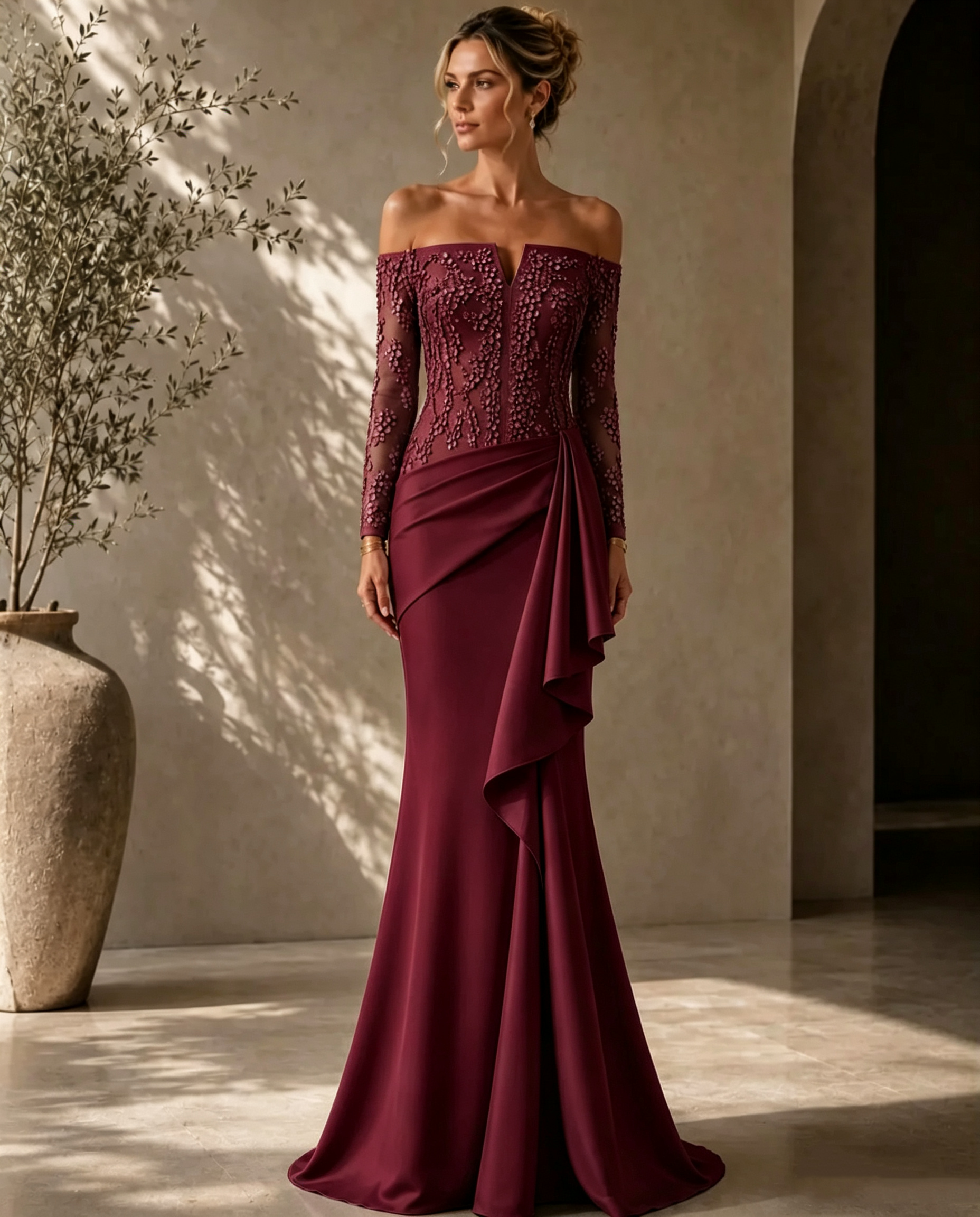 Elegant Off-Shoulder Lace-Bodice Gown