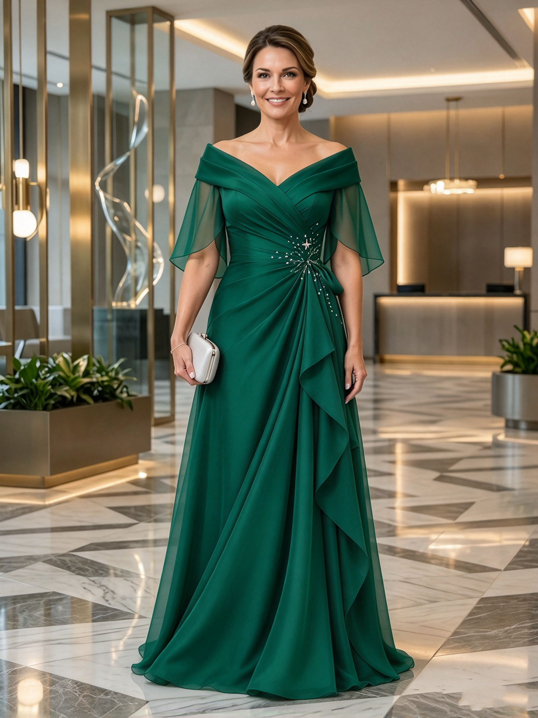 Off-The-Shoulder Beaded Chiffon Evening Gown