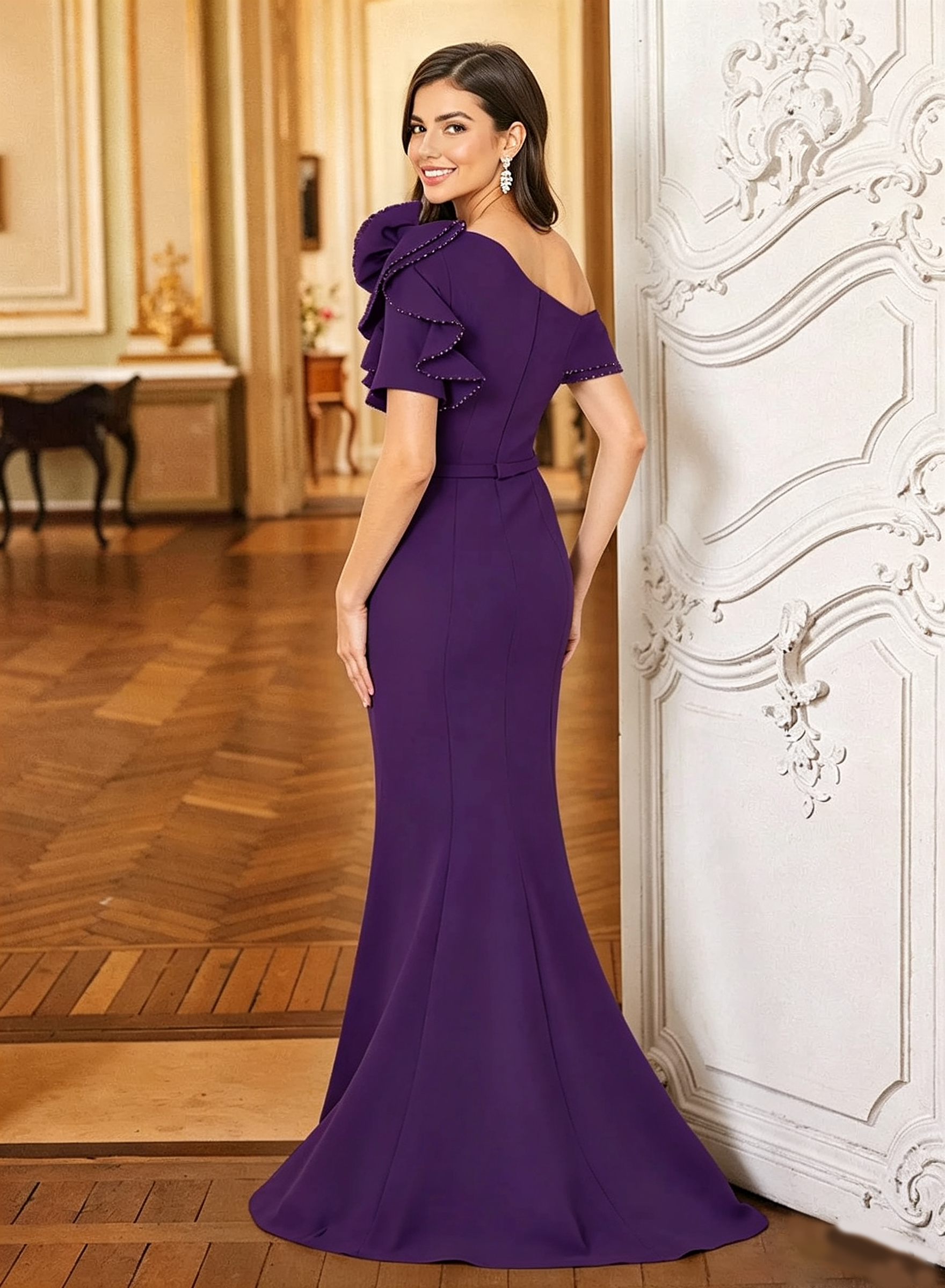 One-Shoulder Ruffle Rosette Trim Mermaid Evening Gown