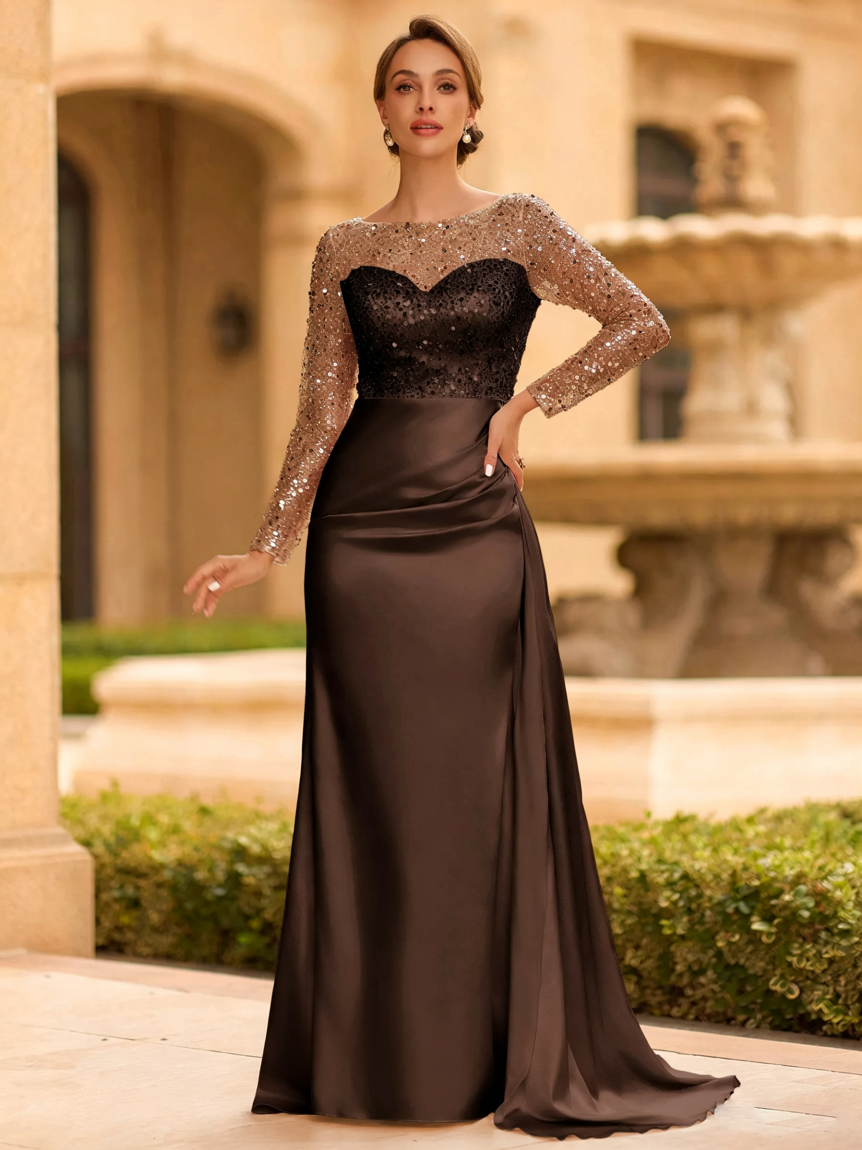 Sophisticated Sheath Scoop Long Sleeves Sequin Floor-Length Silk Like Satin Mother of the Bride Dress