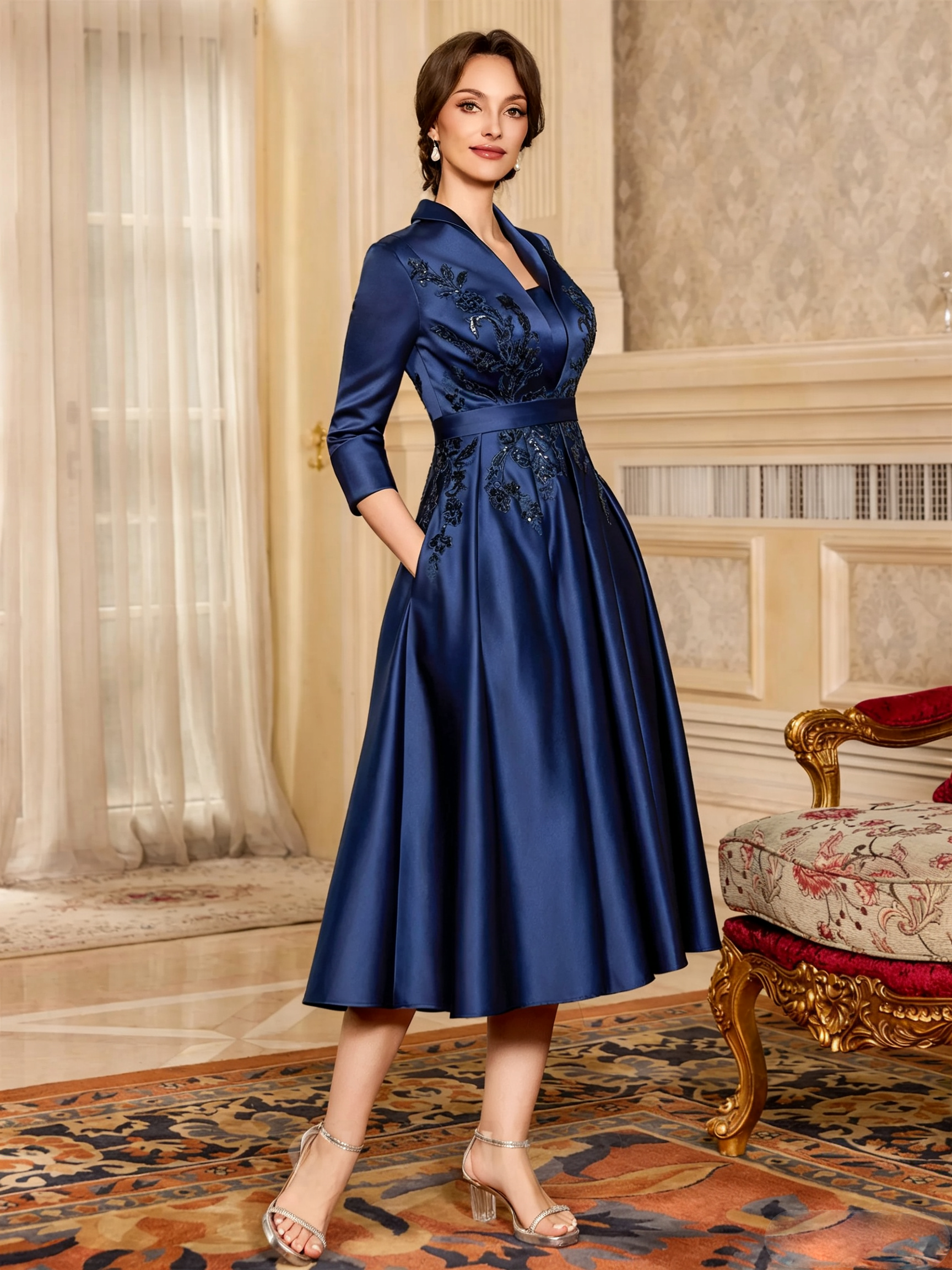 Elegant A-Line V-Neck Appliques Lace Tea-Length Satin Corset Mother of the Bride Dress