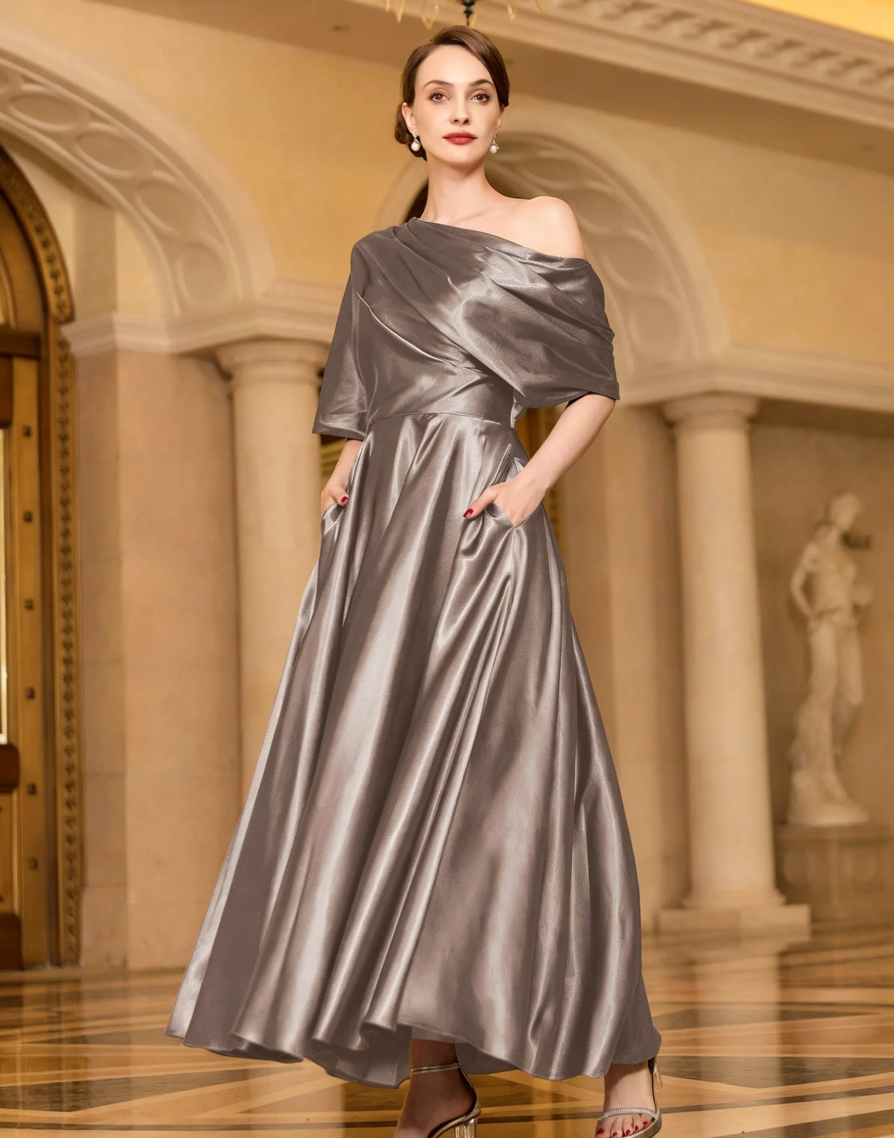 Radiant A-line Short Sleeves Pleated Ankle-Length Silk like Satin Mother of the Bride Dress