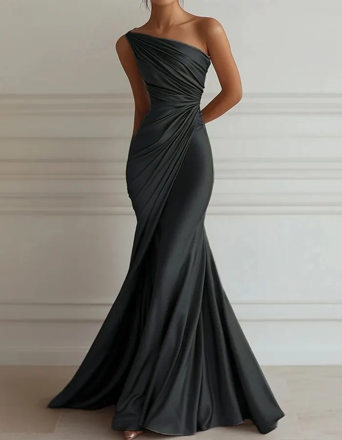 One-shoulder Stretch Satin Pleats Maxi Dress