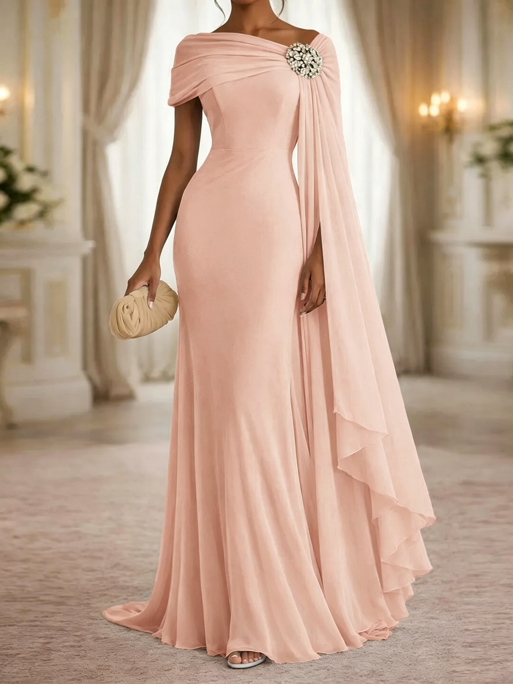 Stunning Sheath One-Shoulder Rhinestone Sweep Train Chiffon Corset Mother of the Bride Dress