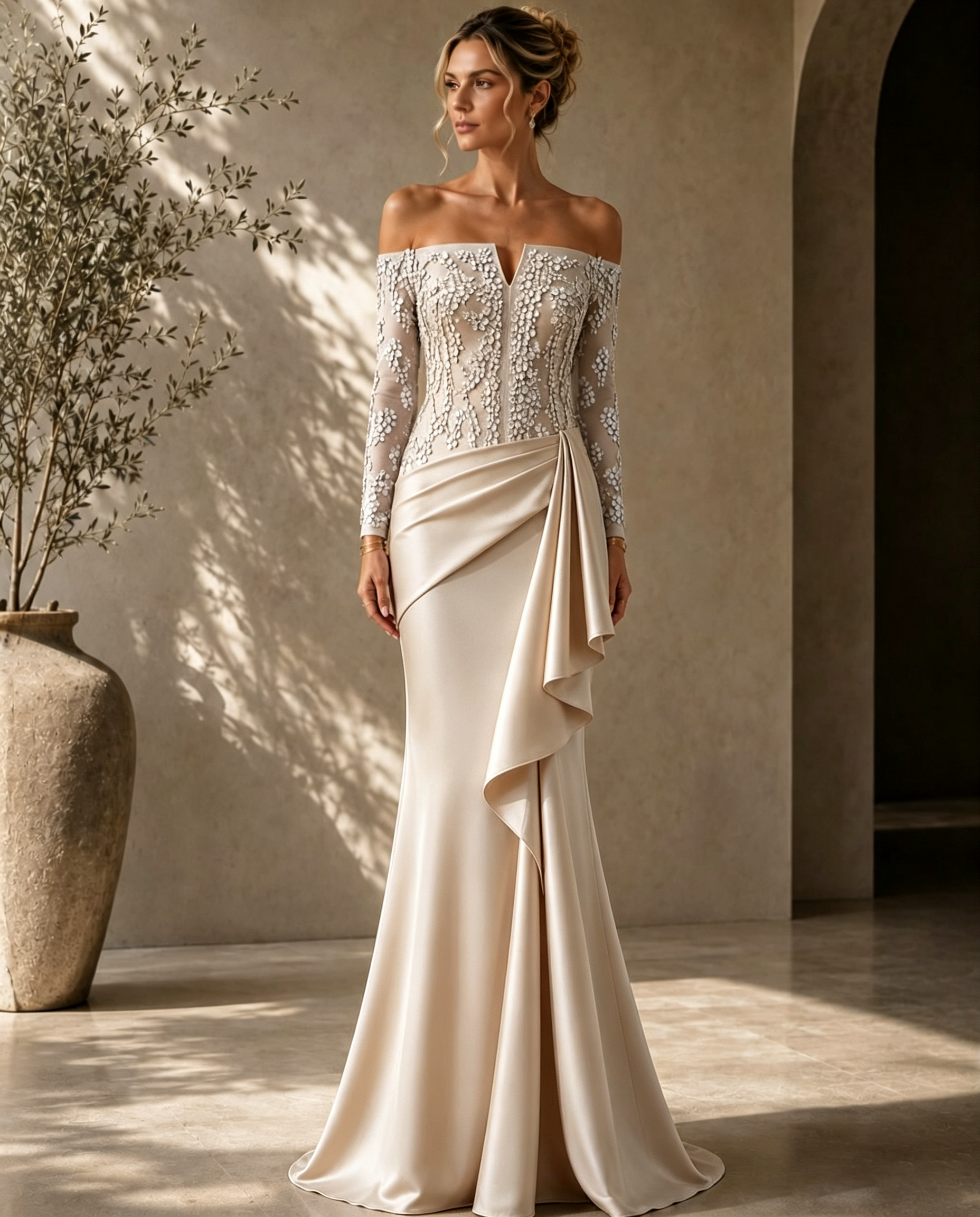 Elegant Off-Shoulder Lace-Bodice Gown