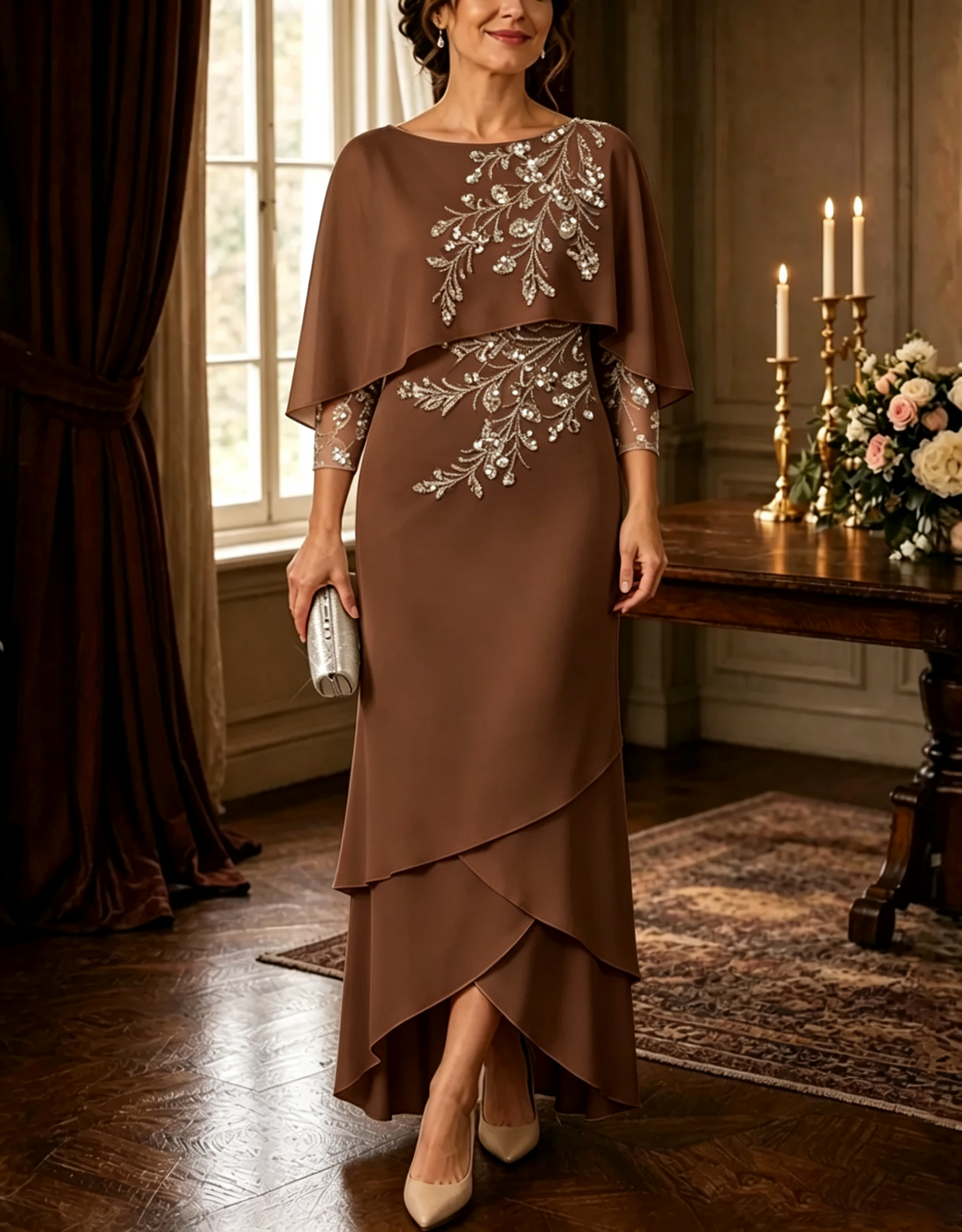 Embellished Capelet Layered Chiffon Evening Gown