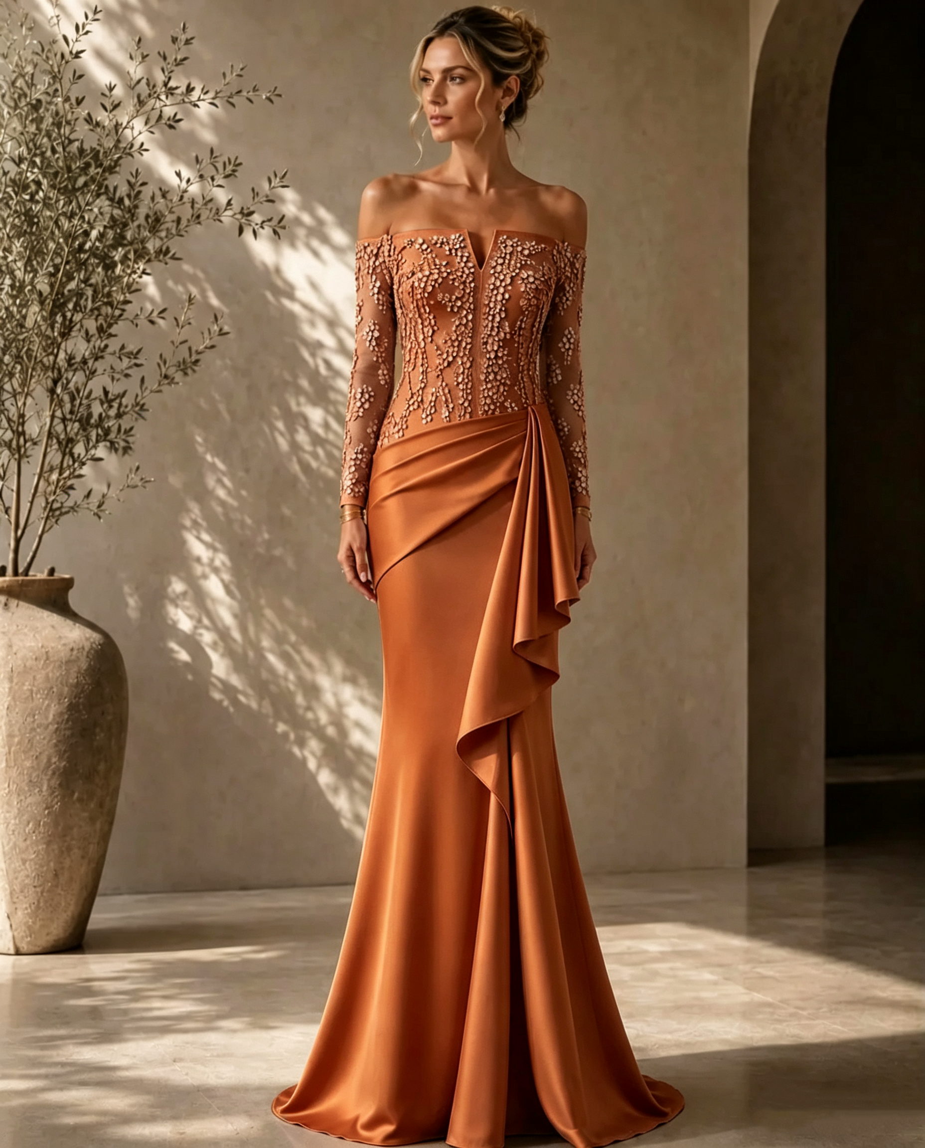 Elegant Off-Shoulder Lace-Bodice Gown