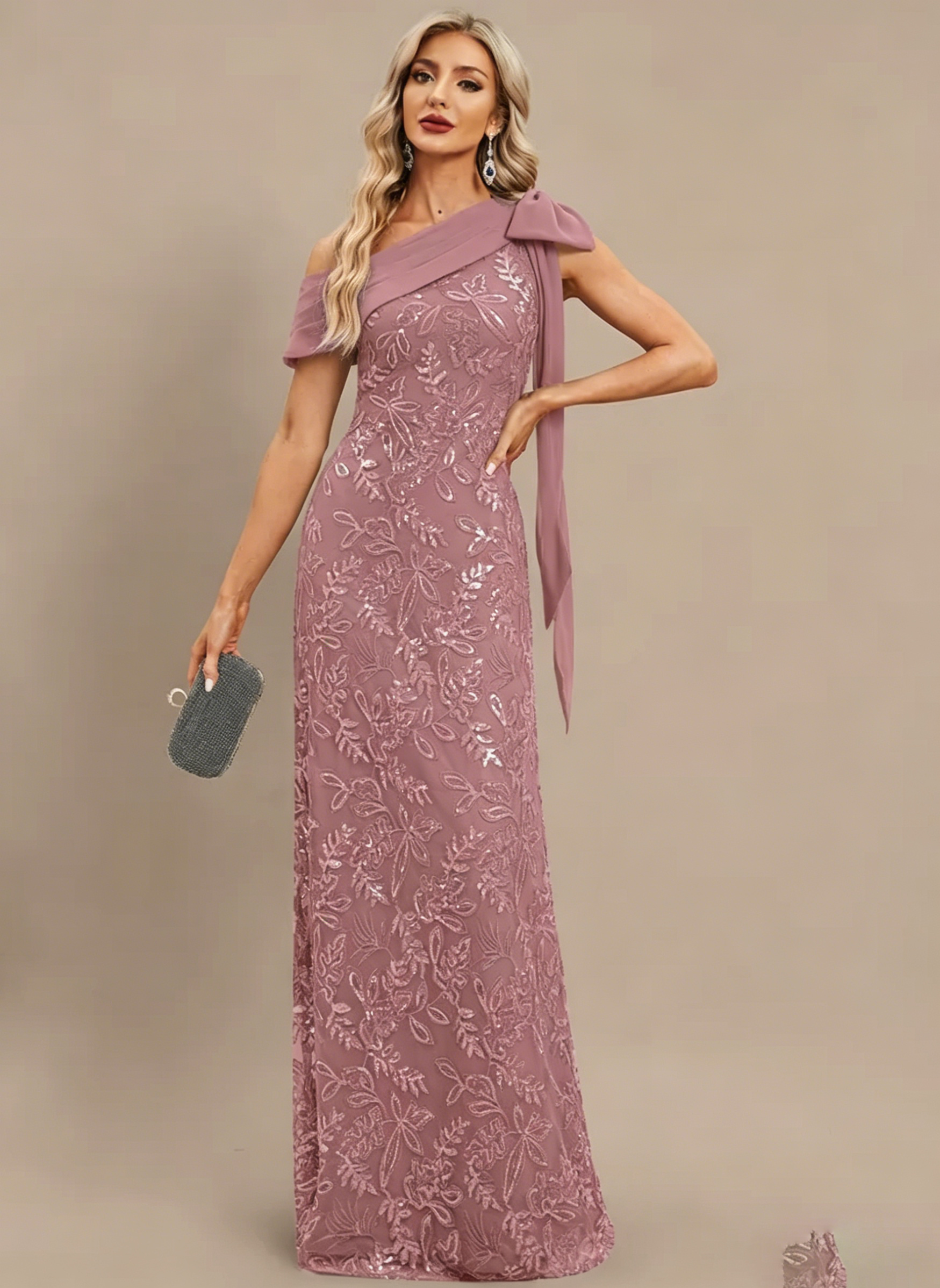 Plum Sheath/Column One Shoulder Pleated Lace Dress