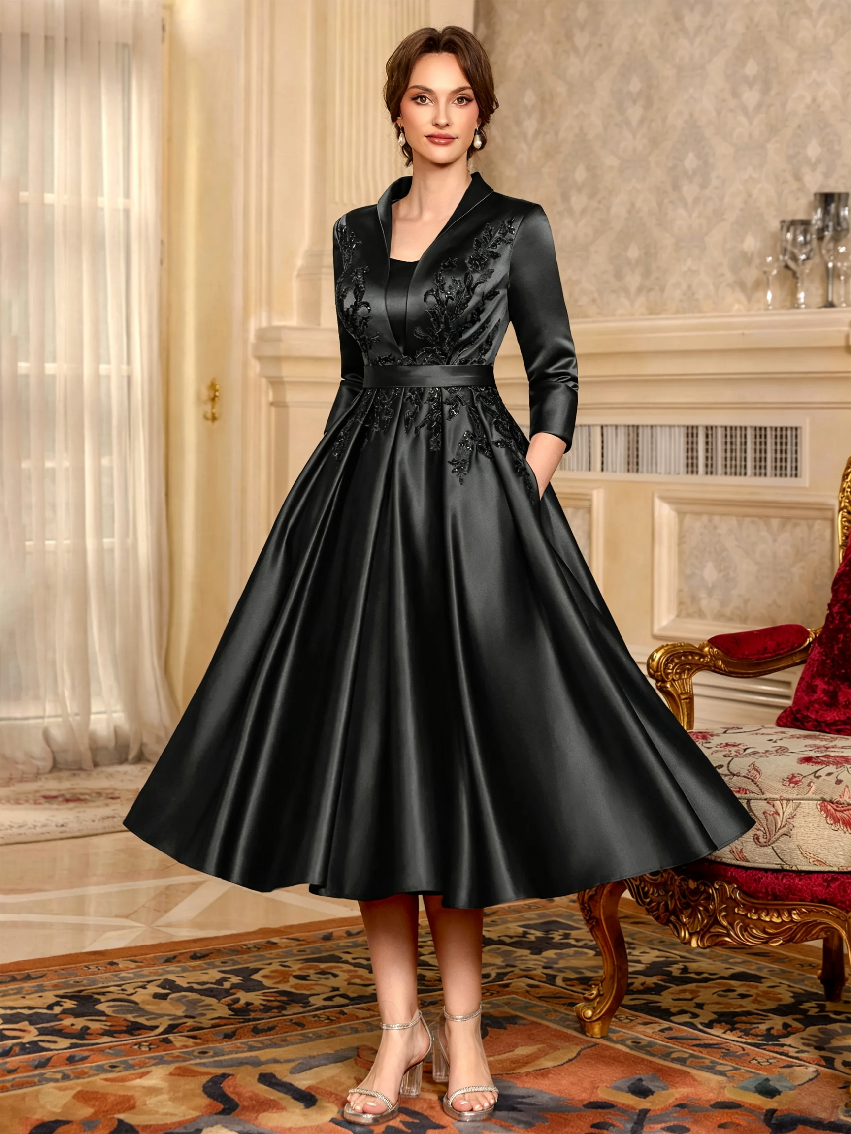 Elegant A-Line V-Neck Appliques Lace Tea-Length Satin Corset Mother of the Bride Dress