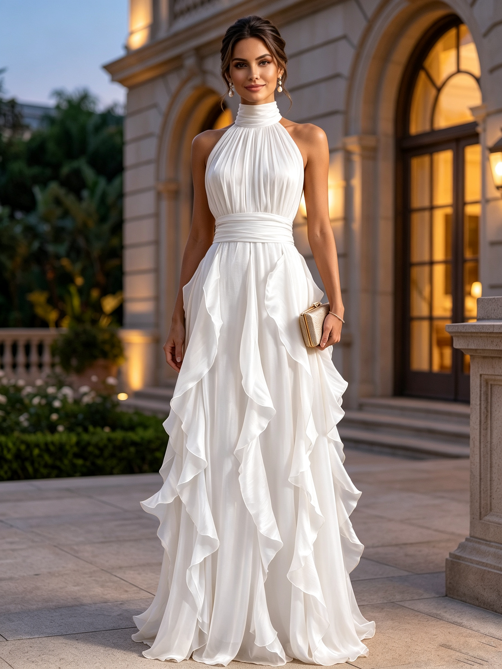 High Neck Ruffled Satin Halter Evening Gown