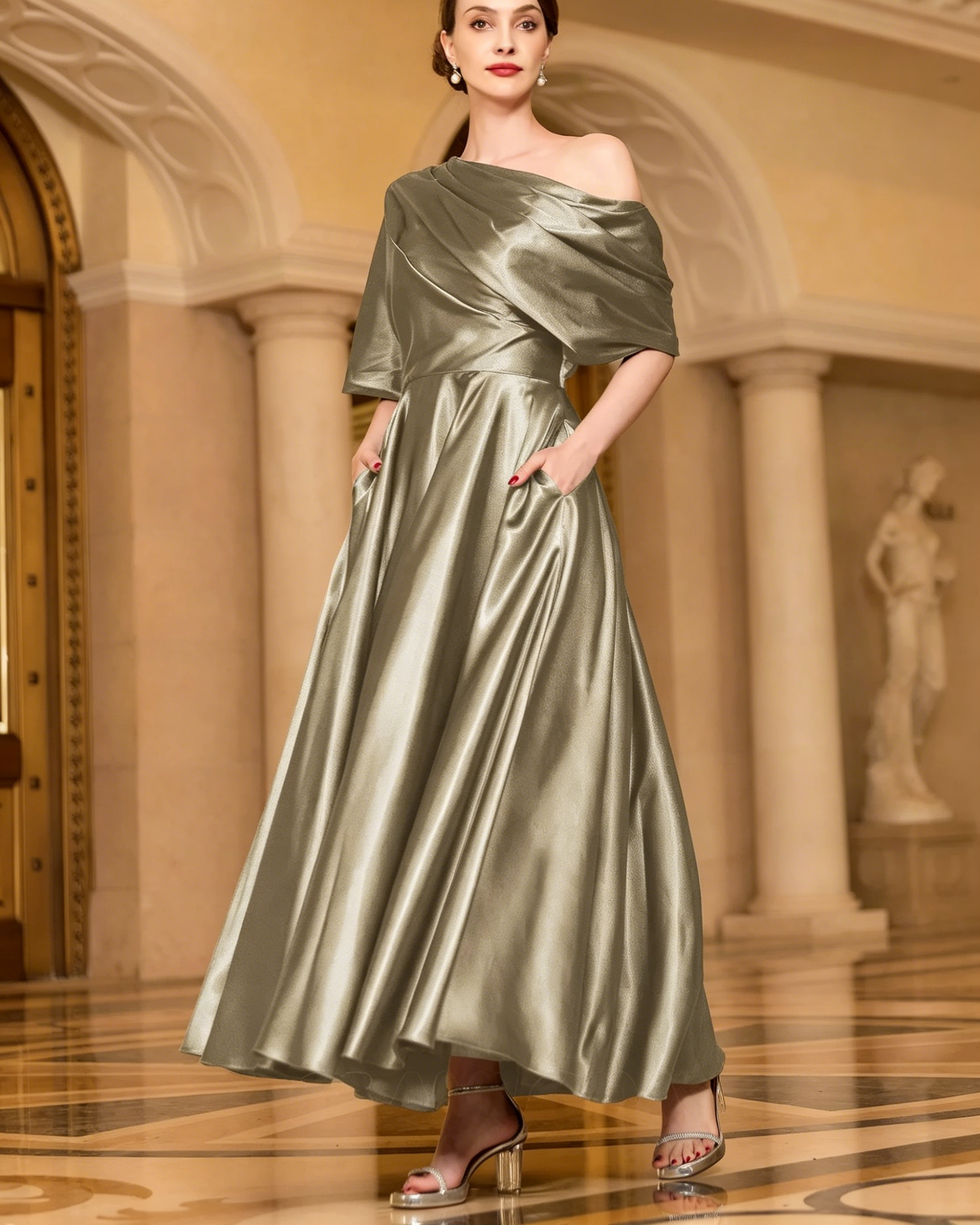 Radiant A-line Short Sleeves Pleated Ankle-Length Silk like Satin Mother of the Bride Dress