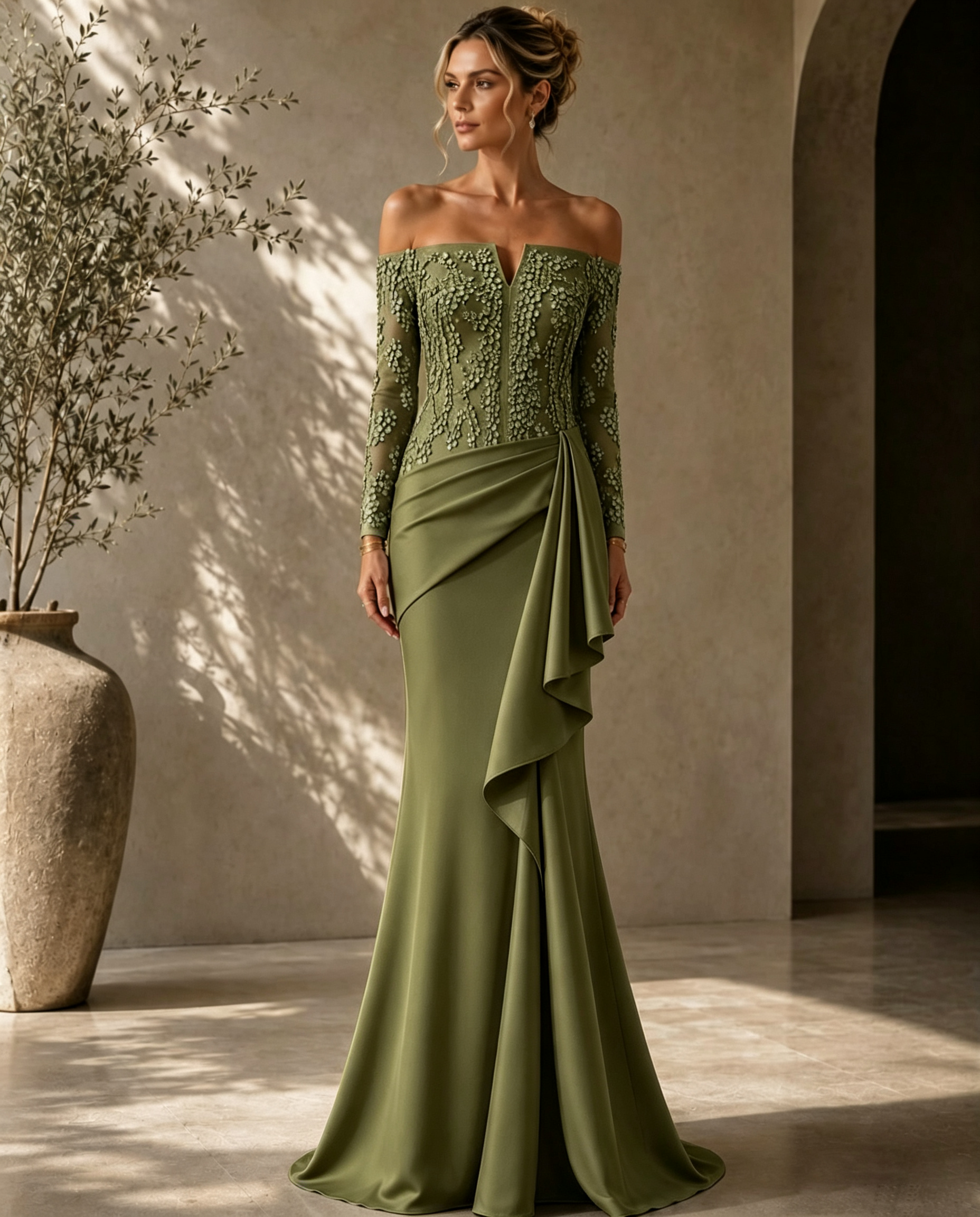Elegant Off-Shoulder Lace-Bodice Gown