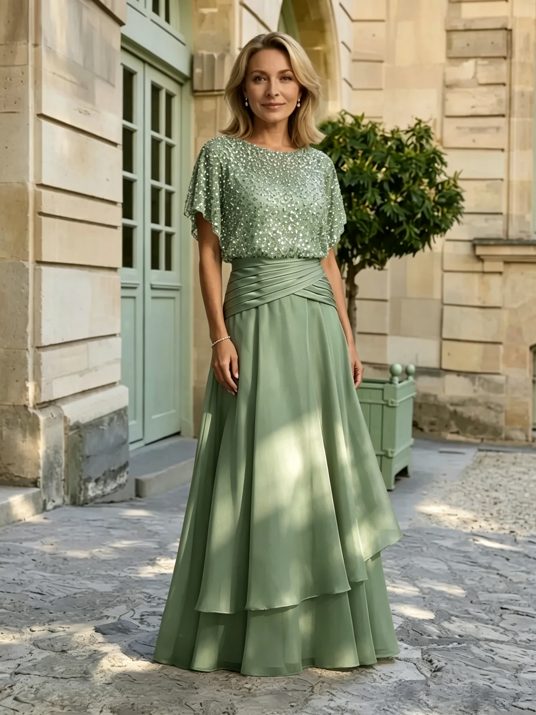 Sparkly Sequined Champagne Satin Mermaid Long Mother of the Bride Dress