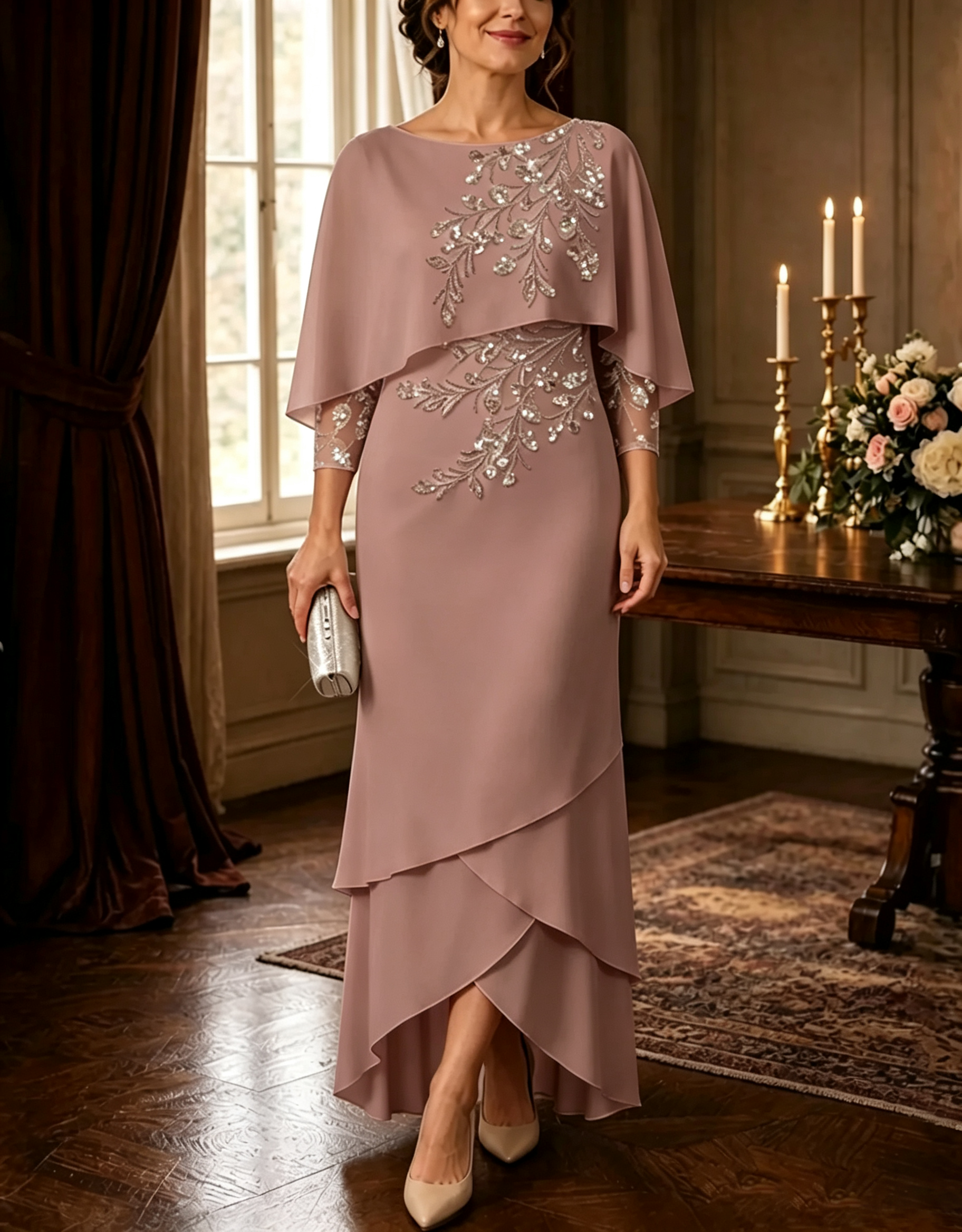 Embellished Capelet Layered Chiffon Evening Gown