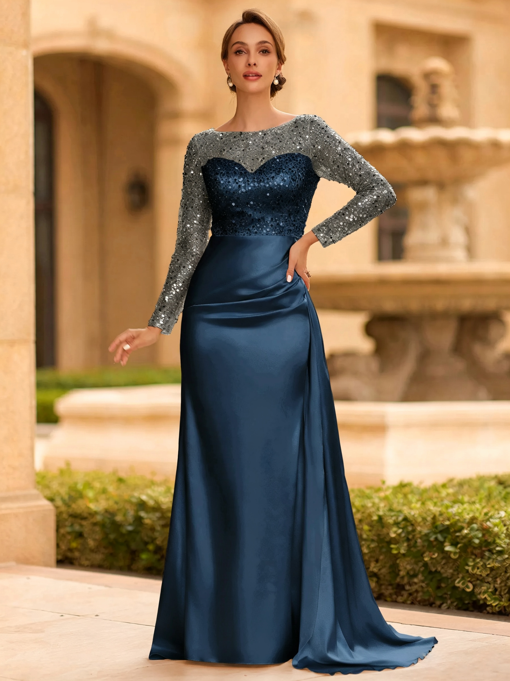 Sophisticated Sheath Scoop Long Sleeves Sequin Floor-Length Silk Like Satin Mother of the Bride Dress