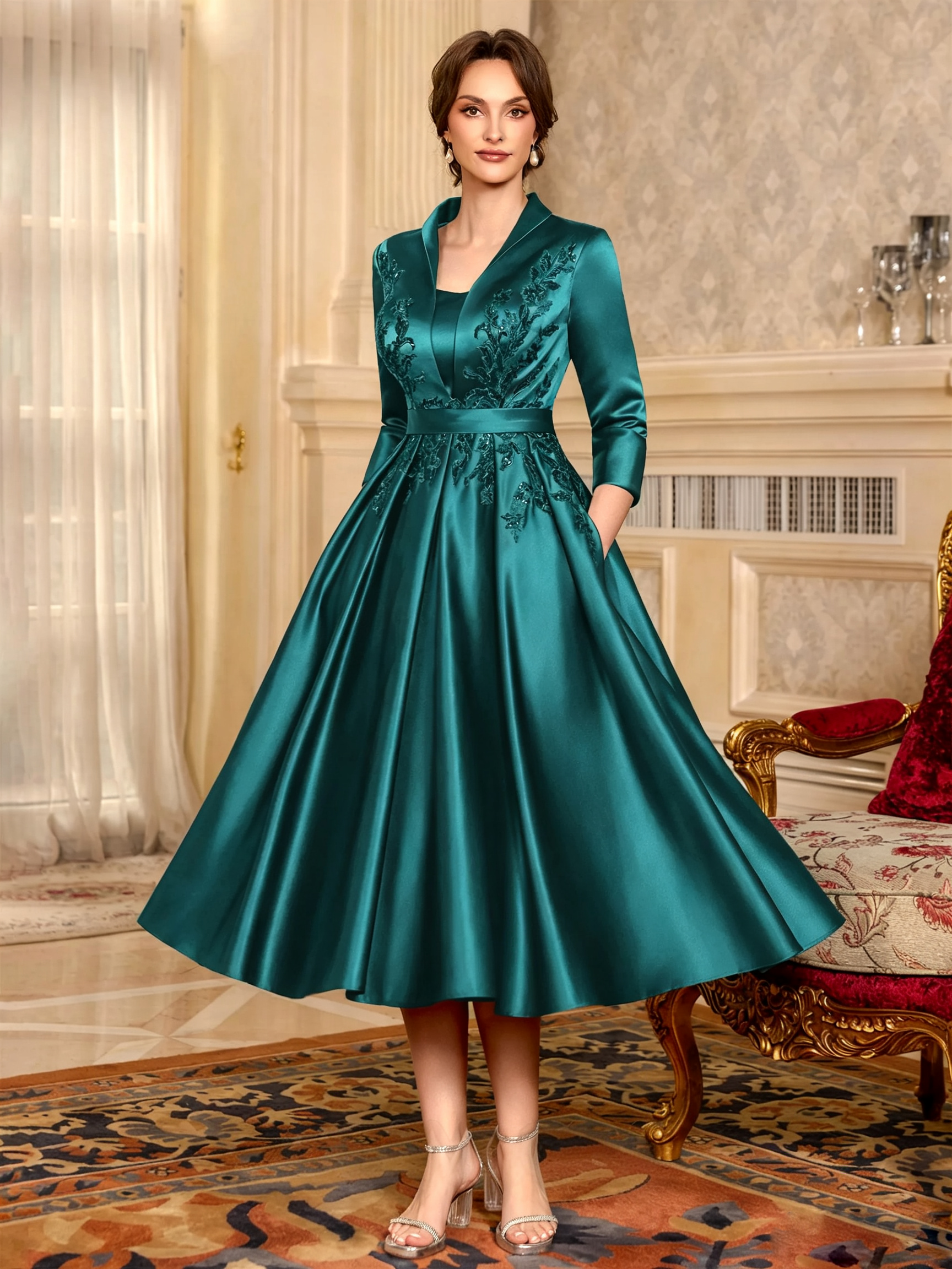 Elegant A-Line V-Neck Appliques Lace Tea-Length Satin Corset Mother of the Bride Dress