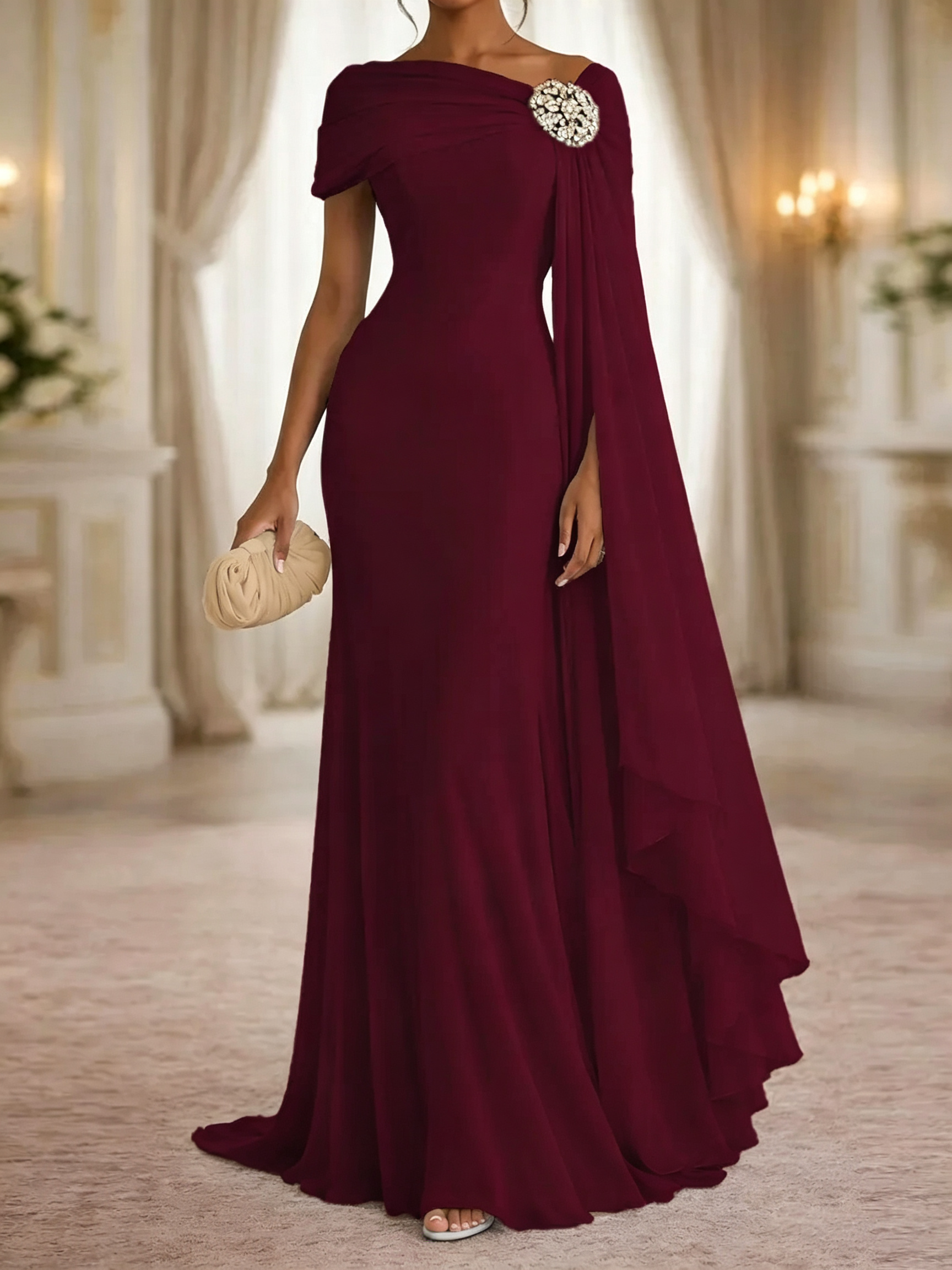 Stunning Sheath One-Shoulder Rhinestone Sweep Train Chiffon Corset Mother of the Bride Dress