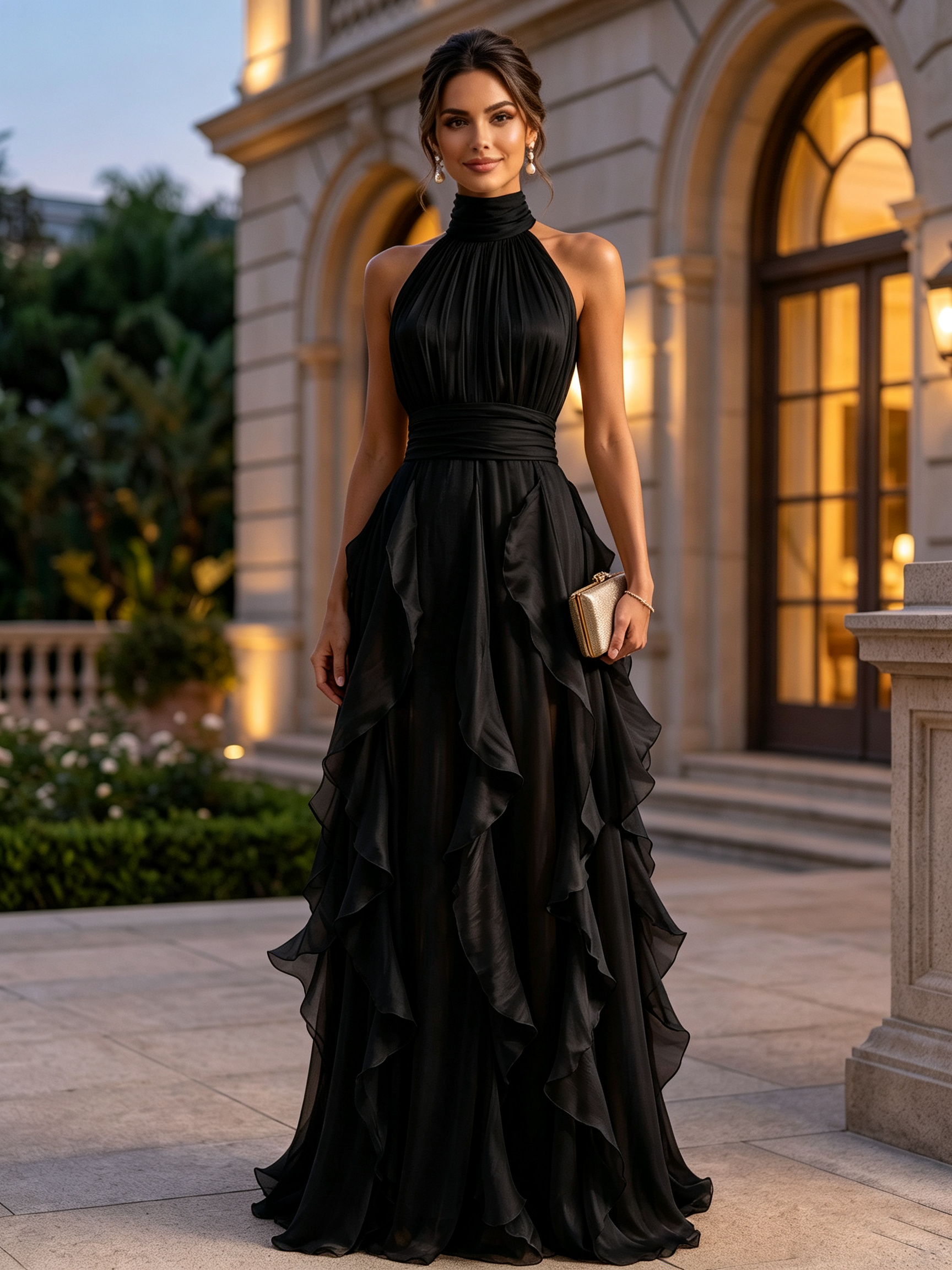 High Neck Ruffled Satin Halter Evening Gown