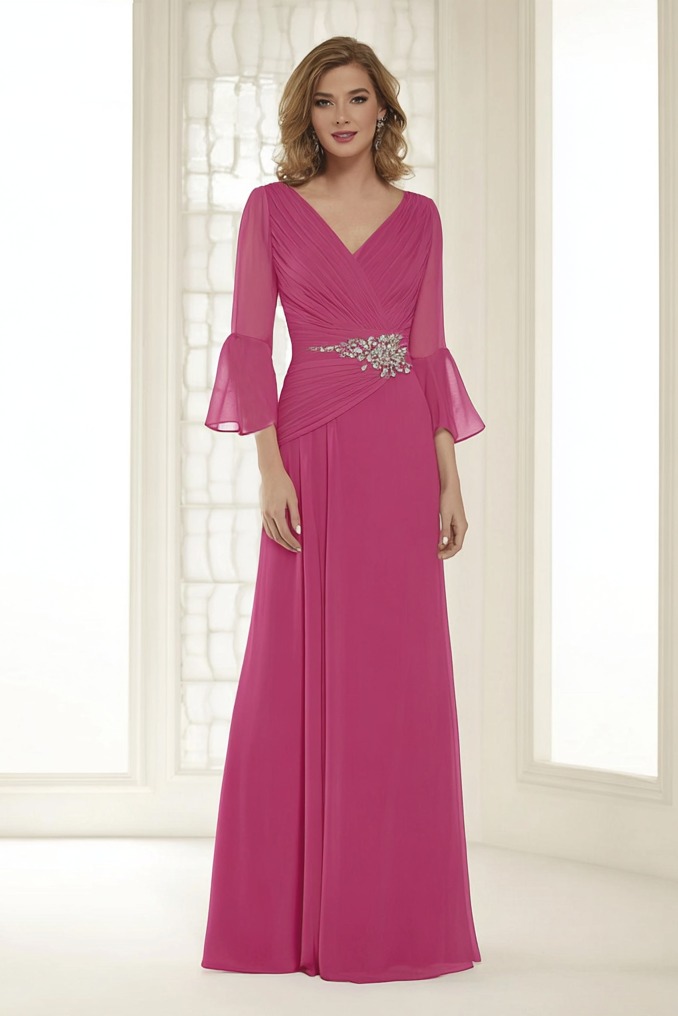Evening Dress Rose V Neck 3/4 Length Sleeve Maxi Dress