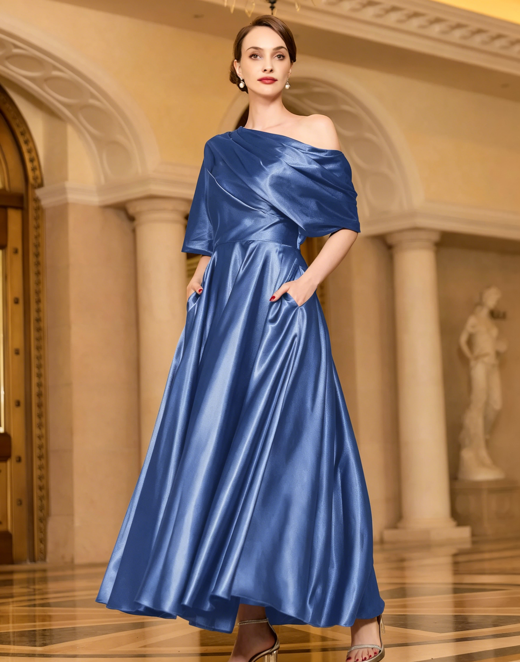 Radiant A-line Short Sleeves Pleated Ankle-Length Silk like Satin Mother of the Bride Dress