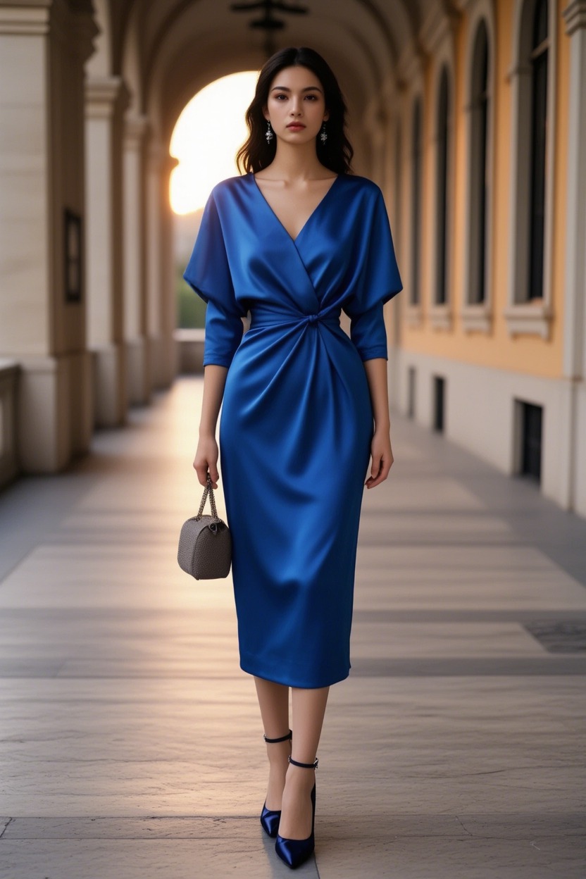Cocktail Party Dress Blue V Neck Midi Half Sleeve Satin Dress