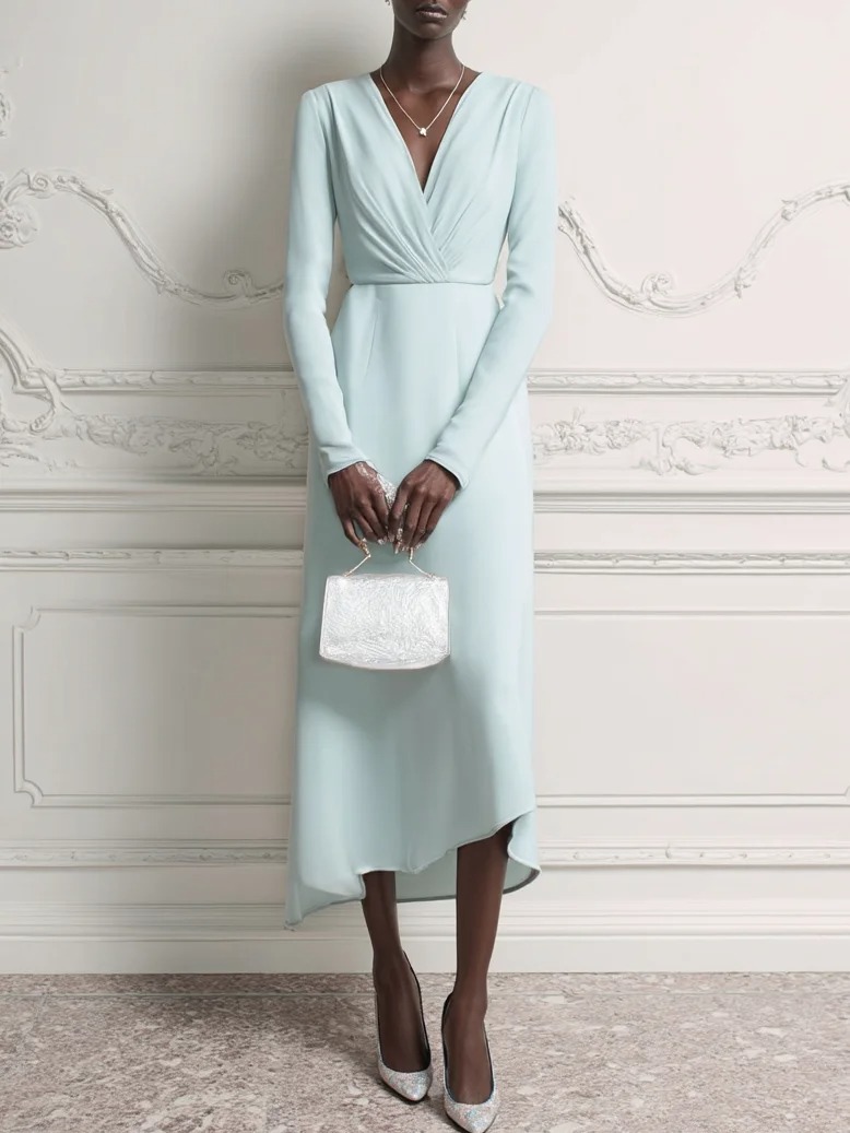 Green Ruched Knit V Neck Long Sleeve A-Line Maxi Dress