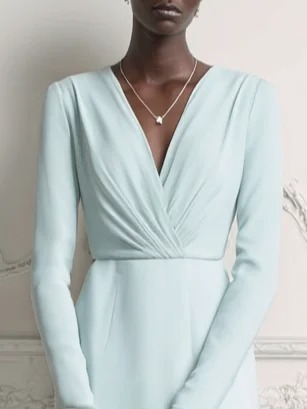 Green Ruched Knit V Neck Long Sleeve A-Line Maxi Dress