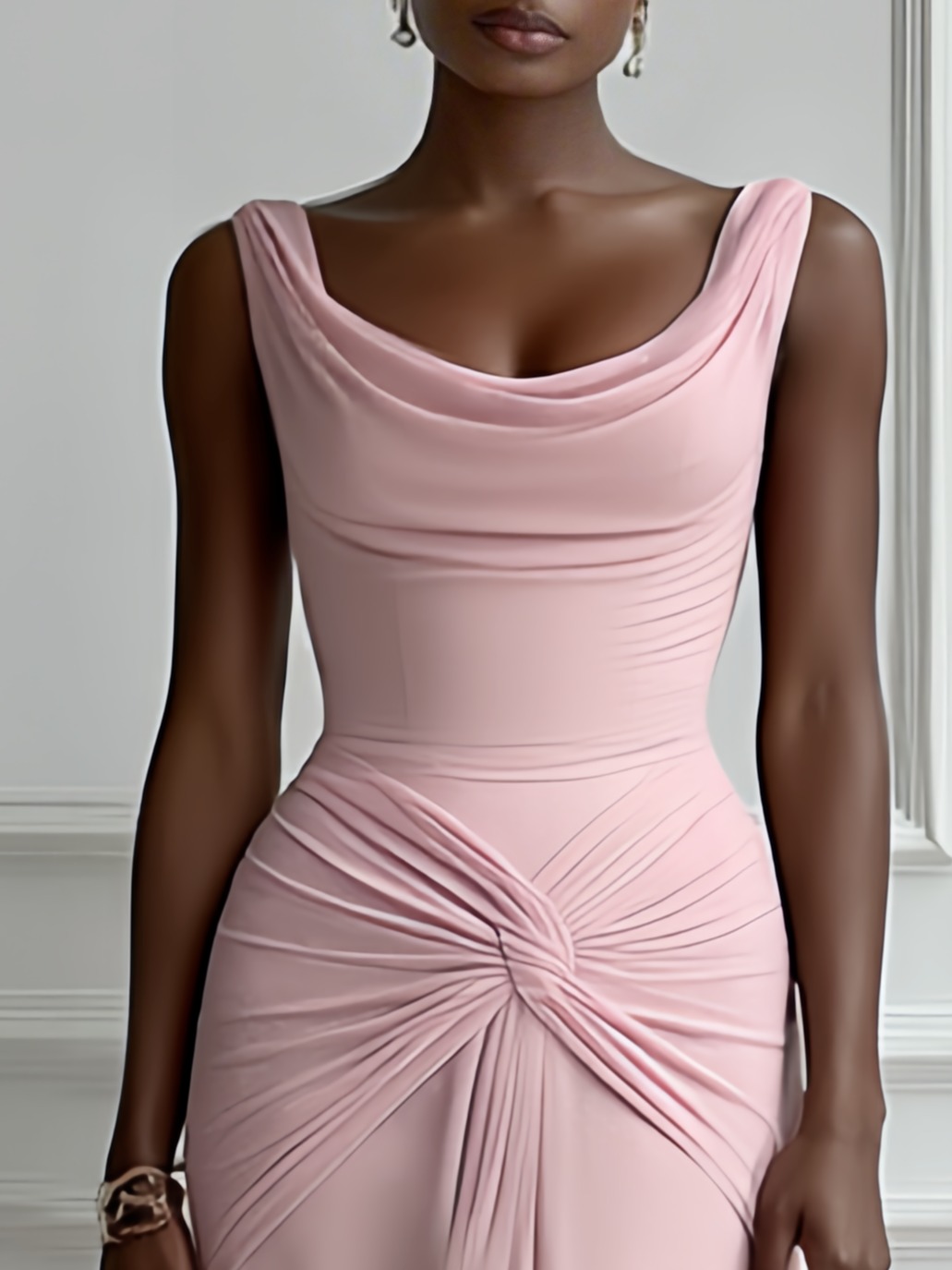 Pink Ruched Slit Formal Dress Cowl Neck Sleeveless A-Line Gown Dress