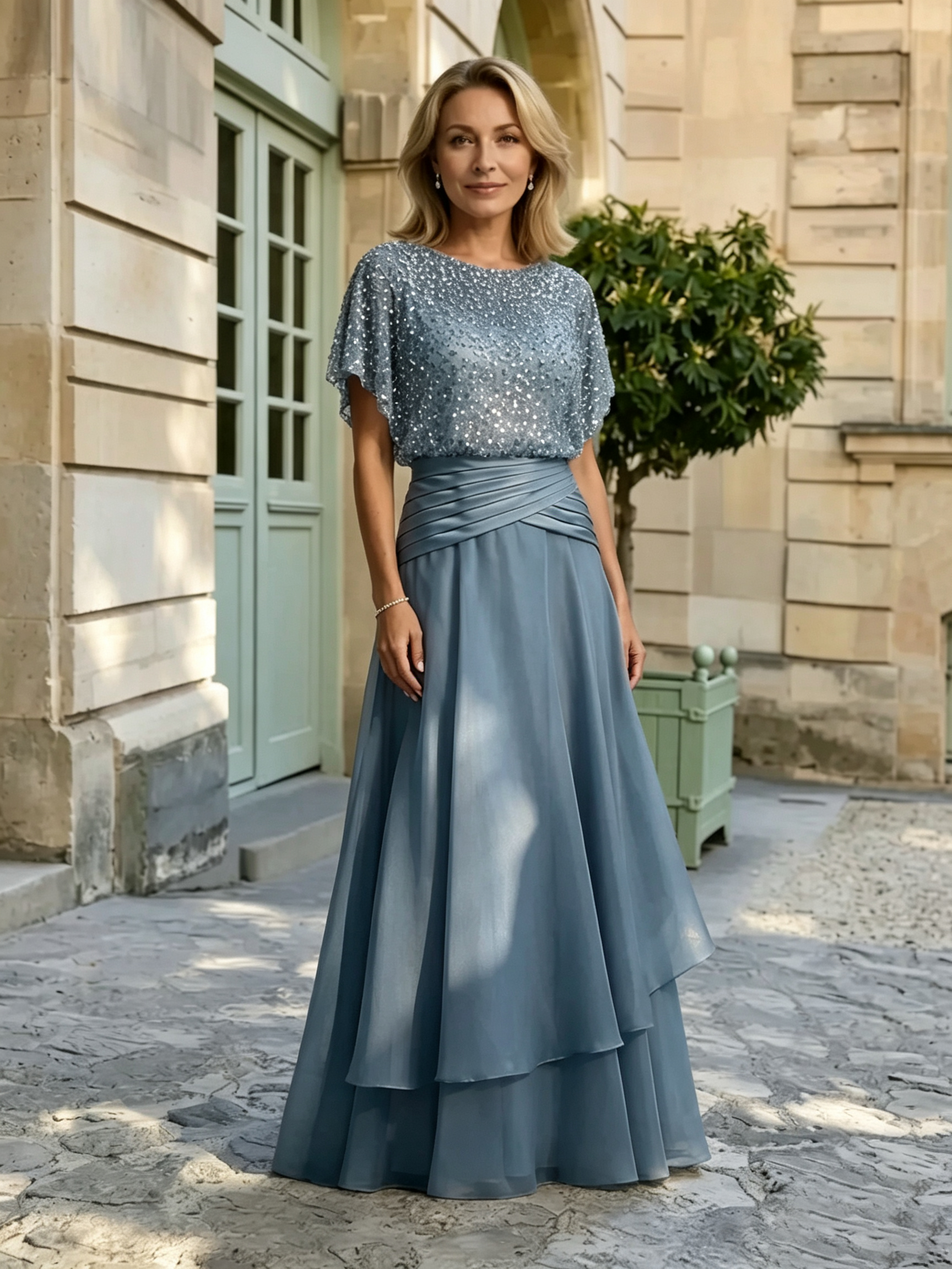 Sparkly Sequined Champagne Satin Mermaid Long Mother of the Bride Dress