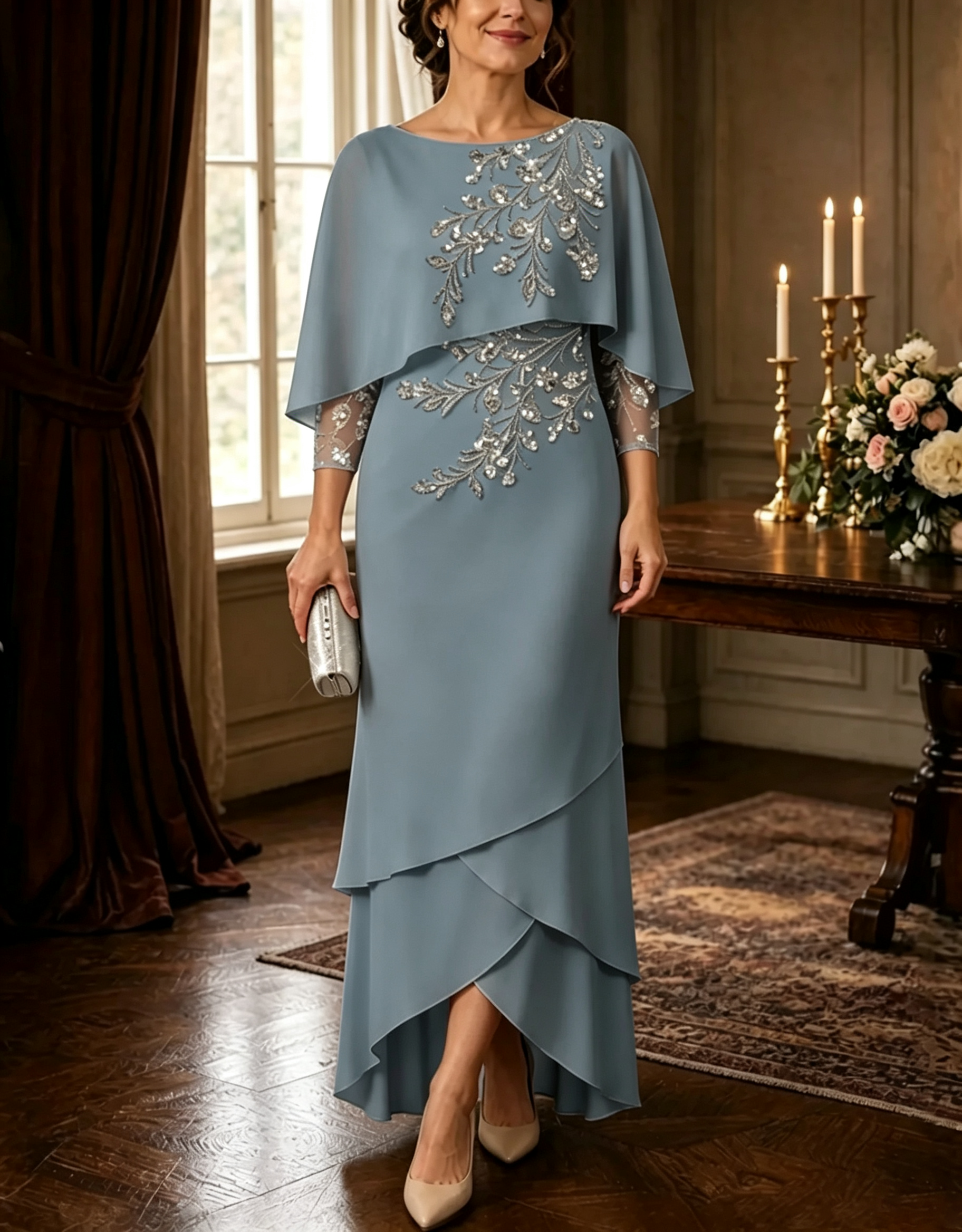 Embellished Capelet Layered Chiffon Evening Gown