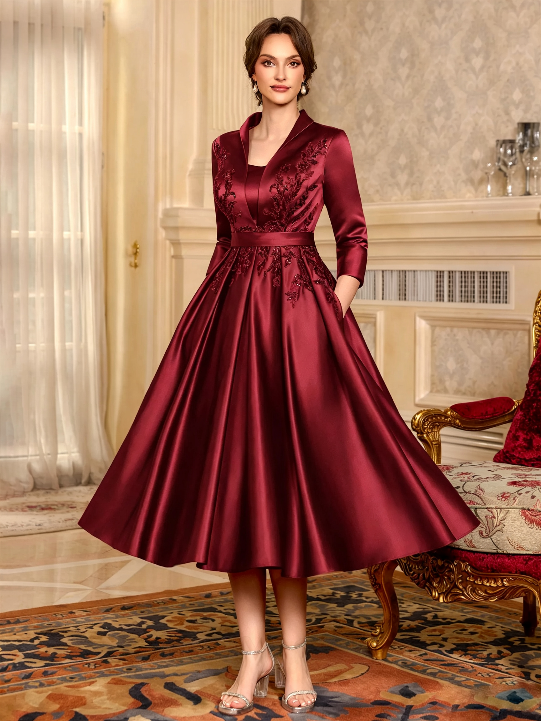 Elegant A-Line V-Neck Appliques Lace Tea-Length Satin Corset Mother of the Bride Dress