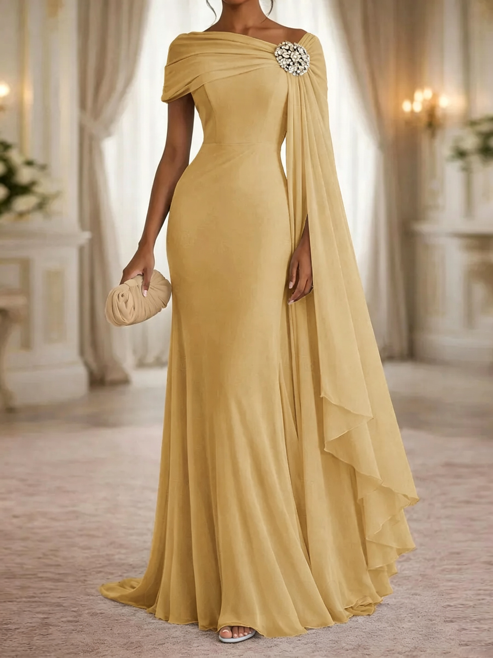 Stunning Sheath One-Shoulder Rhinestone Sweep Train Chiffon Corset Mother of the Bride Dress