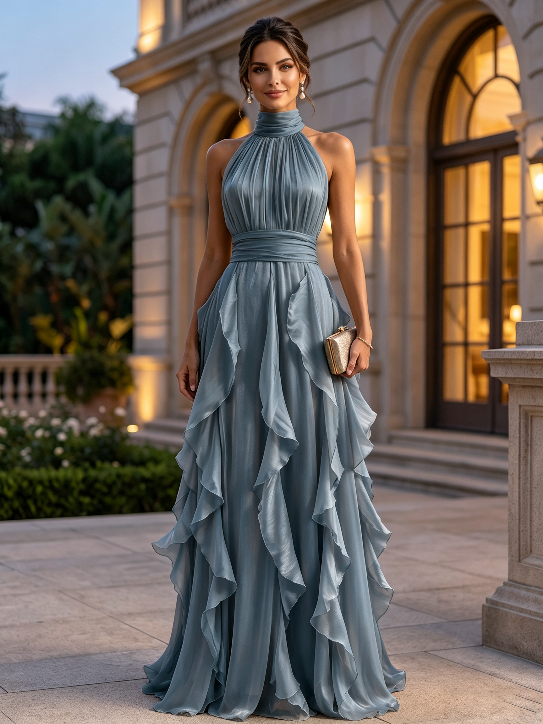 High Neck Ruffled Satin Halter Evening Gown