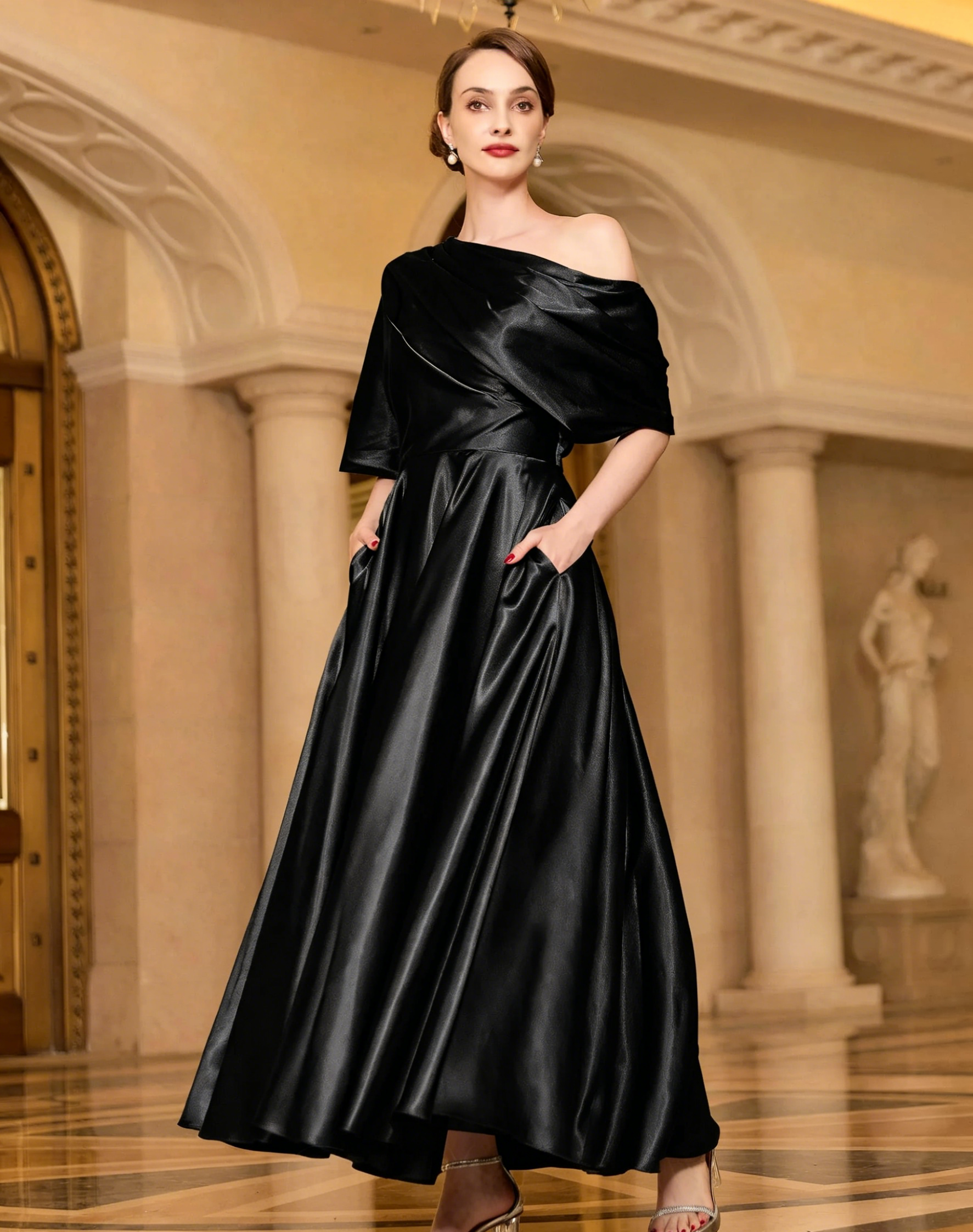 Radiant A-line Short Sleeves Pleated Ankle-Length Silk like Satin Mother of the Bride Dress